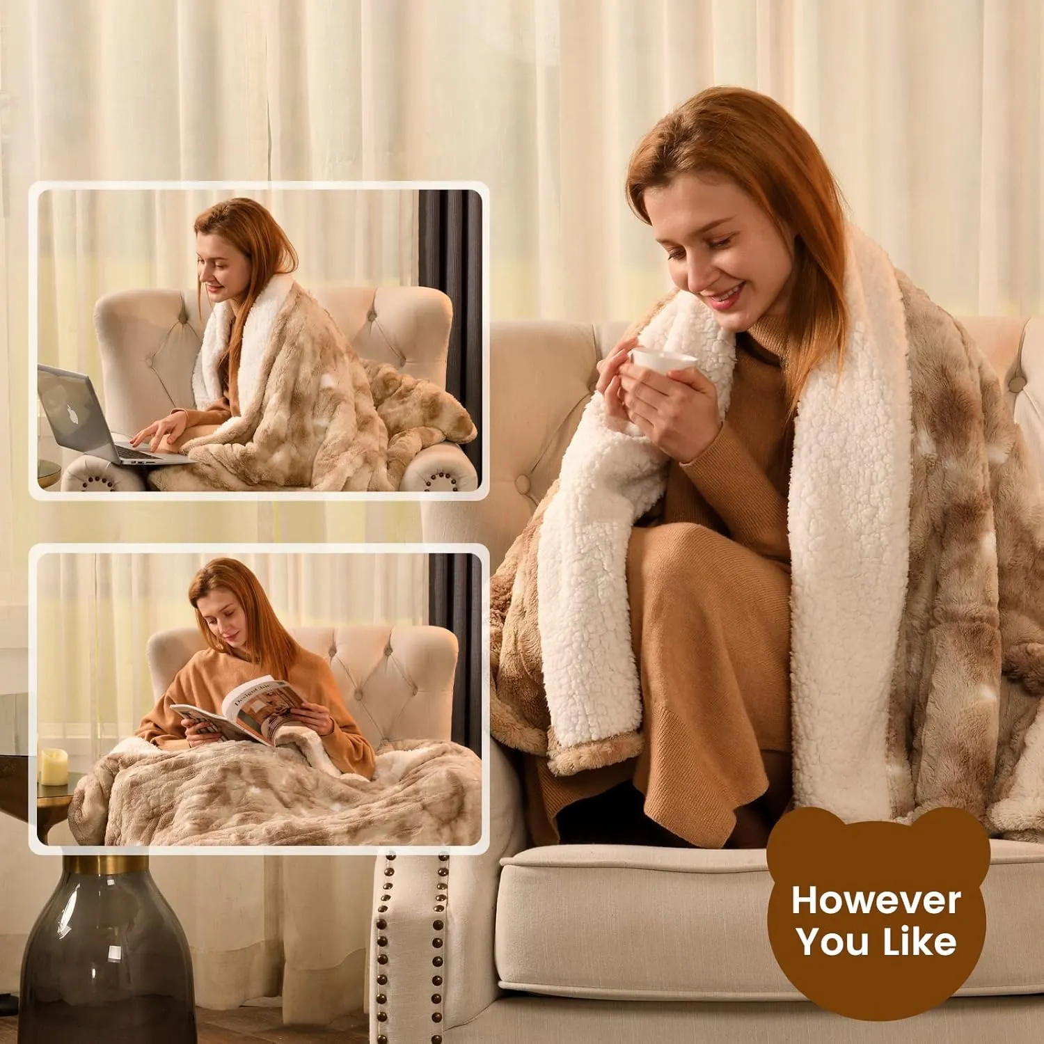 Bearhug Electric Throw Blanket 50" x 60", Faux Fur & Sherpa Heated Throw, 6 Heating Levels & 4H Auto Off, Over-Heat Protect, ETL Certification, Machine Washable