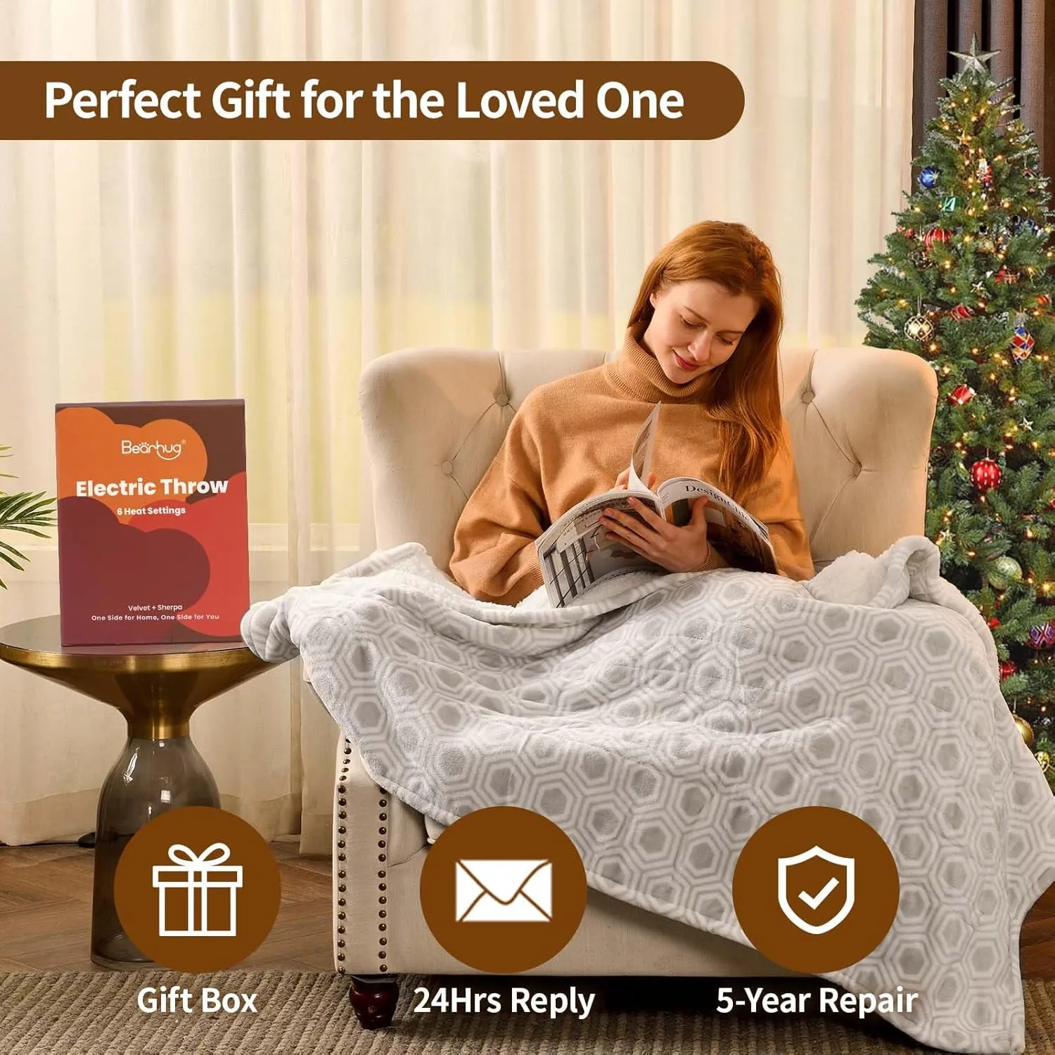 Bearhug Electric Throw Blanket 50" x 60", Reversible Velvet & Sherpa Heated Throw, 6 Heating Levels & 4H Auto Off, Over-Heat Protect, ETL Certification, Machine Washable