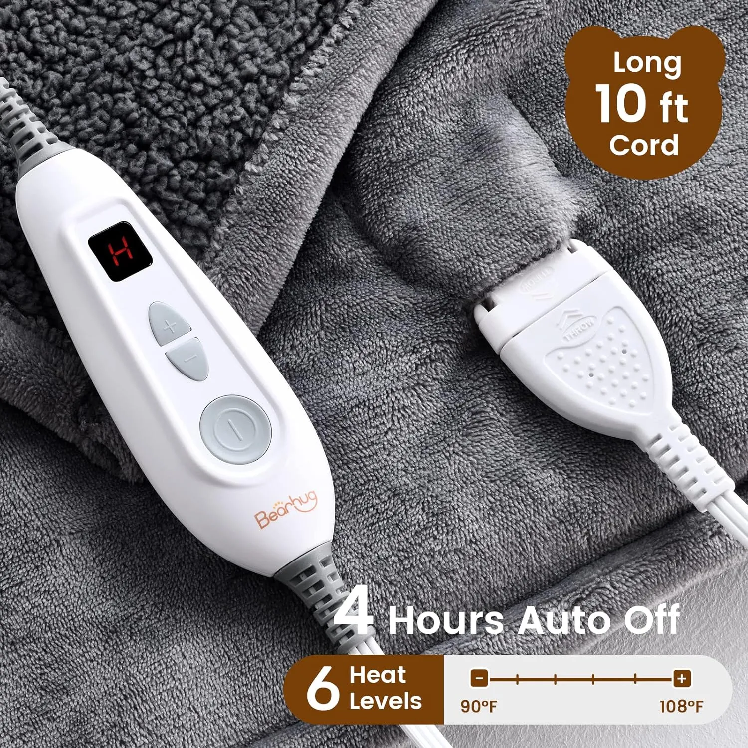 Bearhug Electric Throw Blanket 50" x 60", Reversible Velvet & Sherpa Heated Throw, 6 Heating Levels & 4H Auto Off, Over-Heat Protect, ETL Certification, Machine Washable