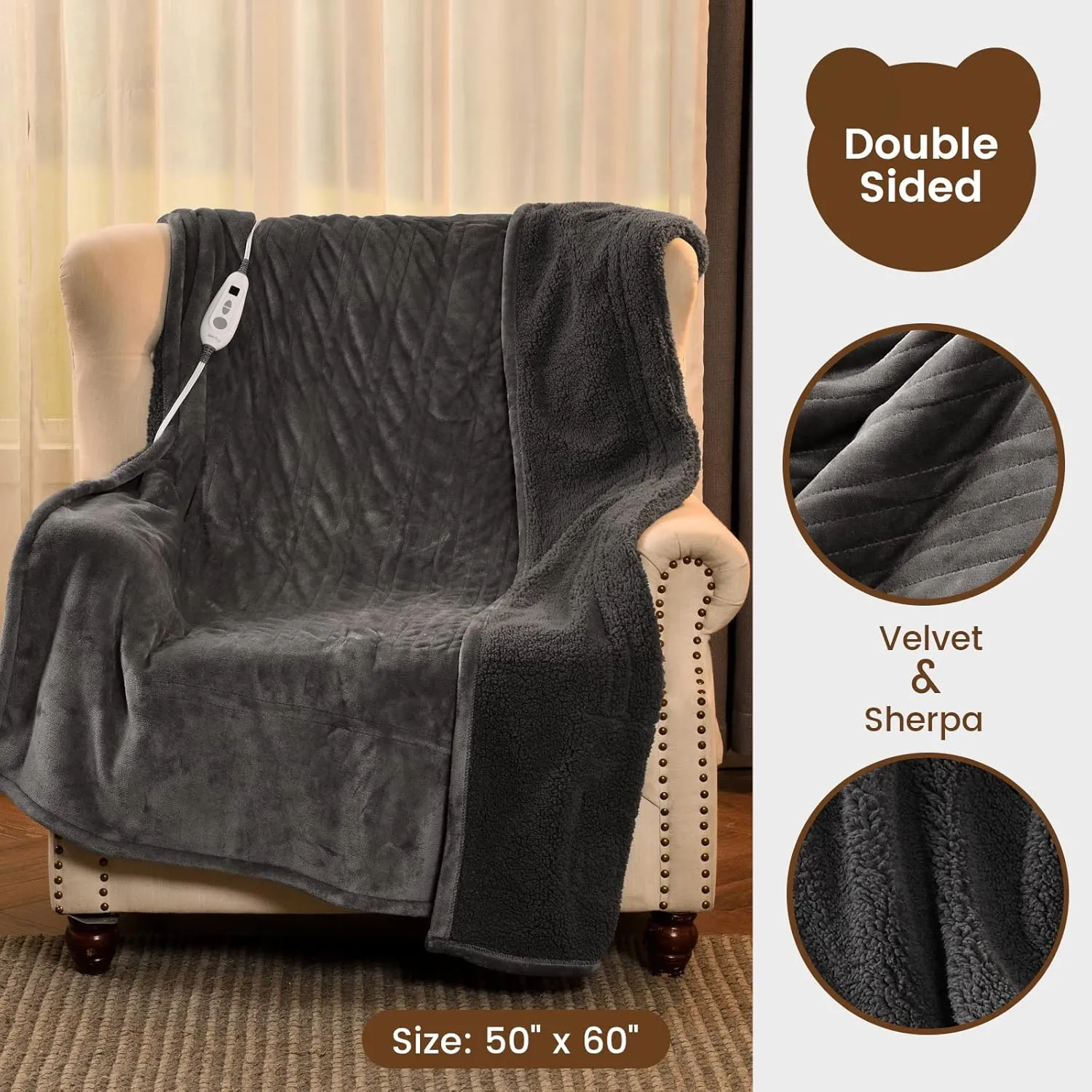 Bearhug Electric Throw Blanket 50" x 60", Reversible Velvet & Sherpa Heated Throw, 6 Heating Levels & 4H Auto Off, Over-Heat Protect, ETL Certification, Machine Washable