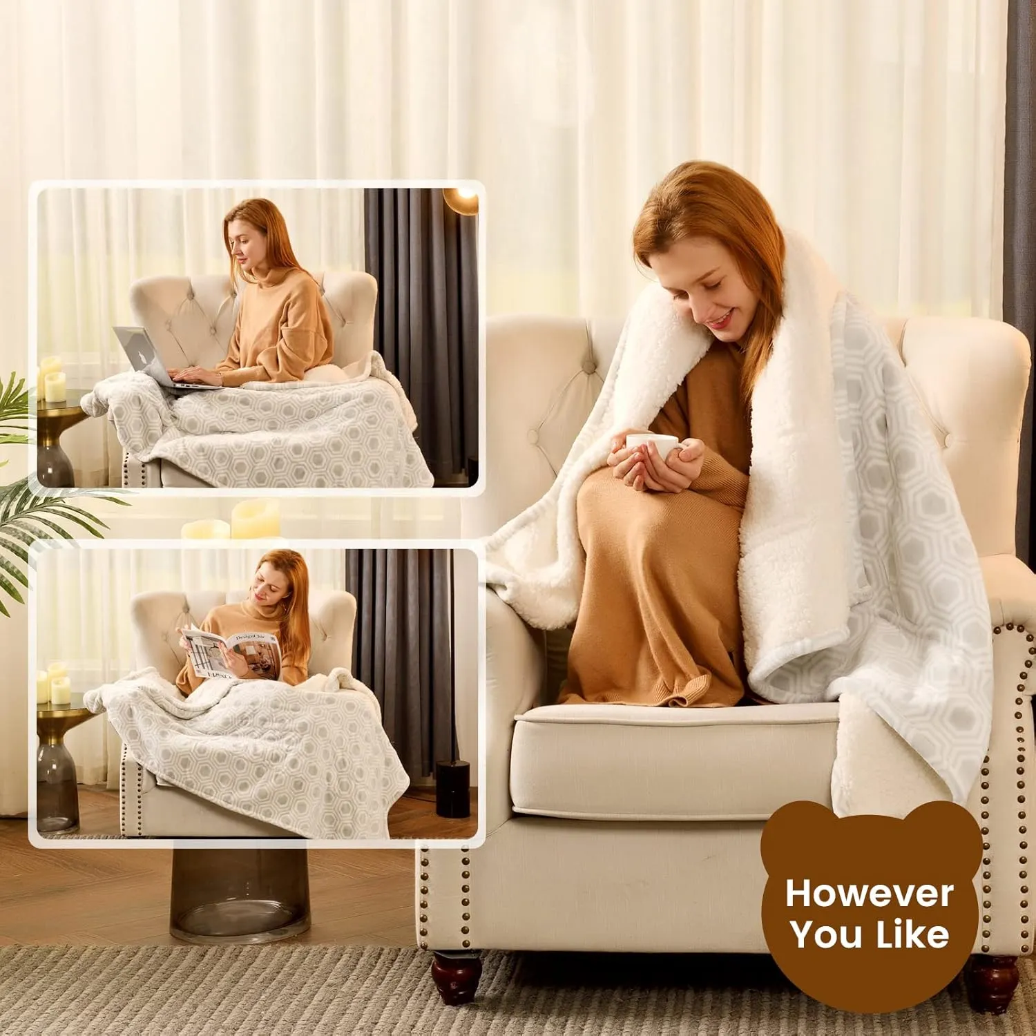 Bearhug Electric Throw Blanket 50" x 60", Reversible Velvet & Sherpa Heated Throw, 6 Heating Levels & 4H Auto Off, Over-Heat Protect, ETL Certification, Machine Washable