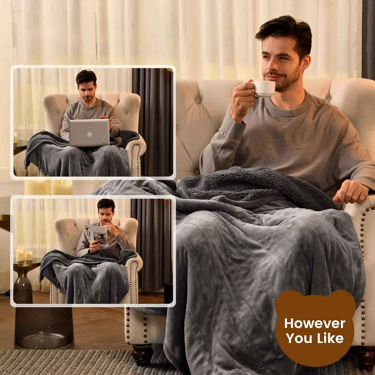 Bearhug Electric Throw Blanket 50" x 60", Reversible Velvet & Sherpa Heated Throw, 6 Heating Levels & 4H Auto Off, Over-Heat Protect, ETL Certification, Machine Washable