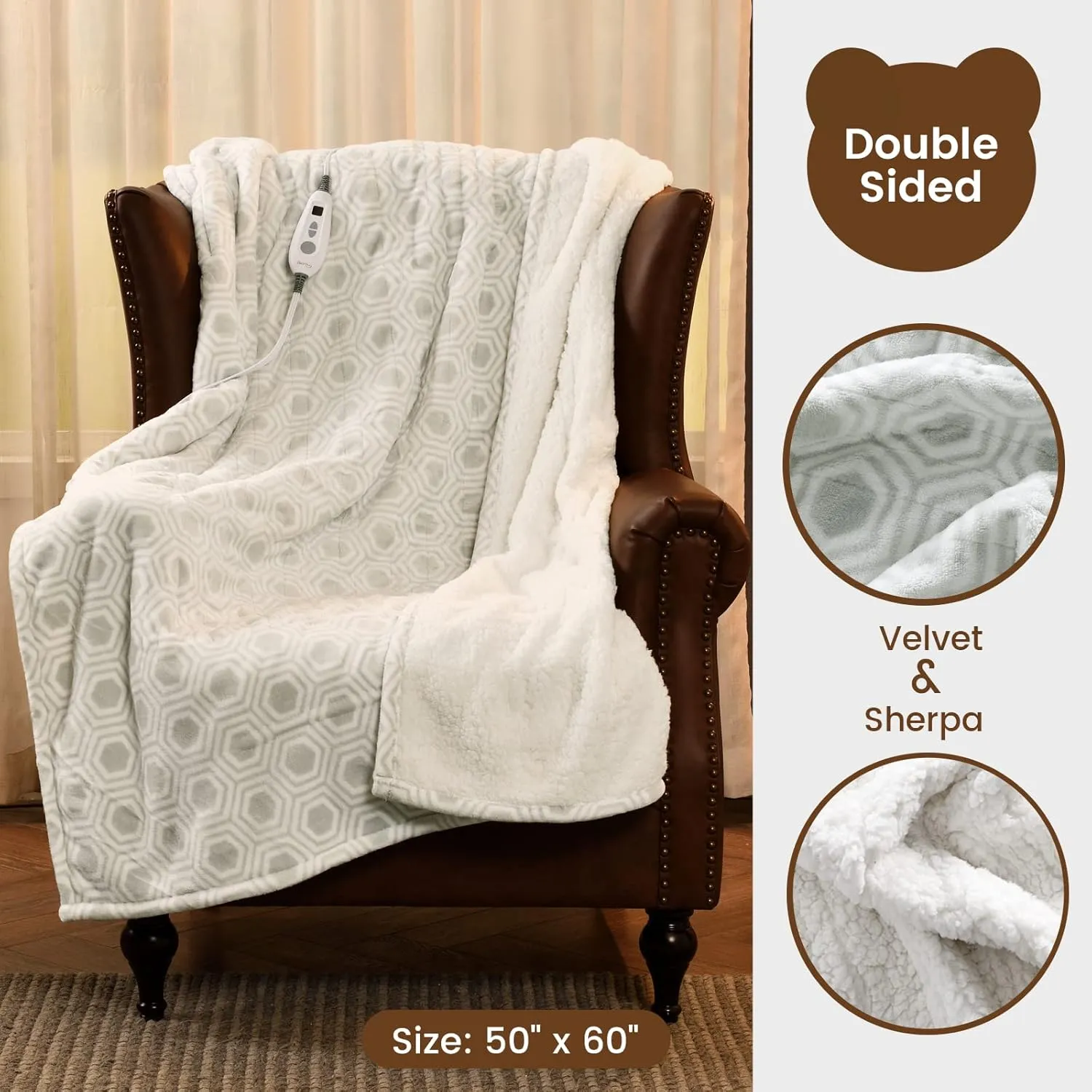 Bearhug Electric Throw Blanket 50" x 60", Reversible Velvet & Sherpa Heated Throw, 6 Heating Levels & 4H Auto Off, Over-Heat Protect, ETL Certification, Machine Washable