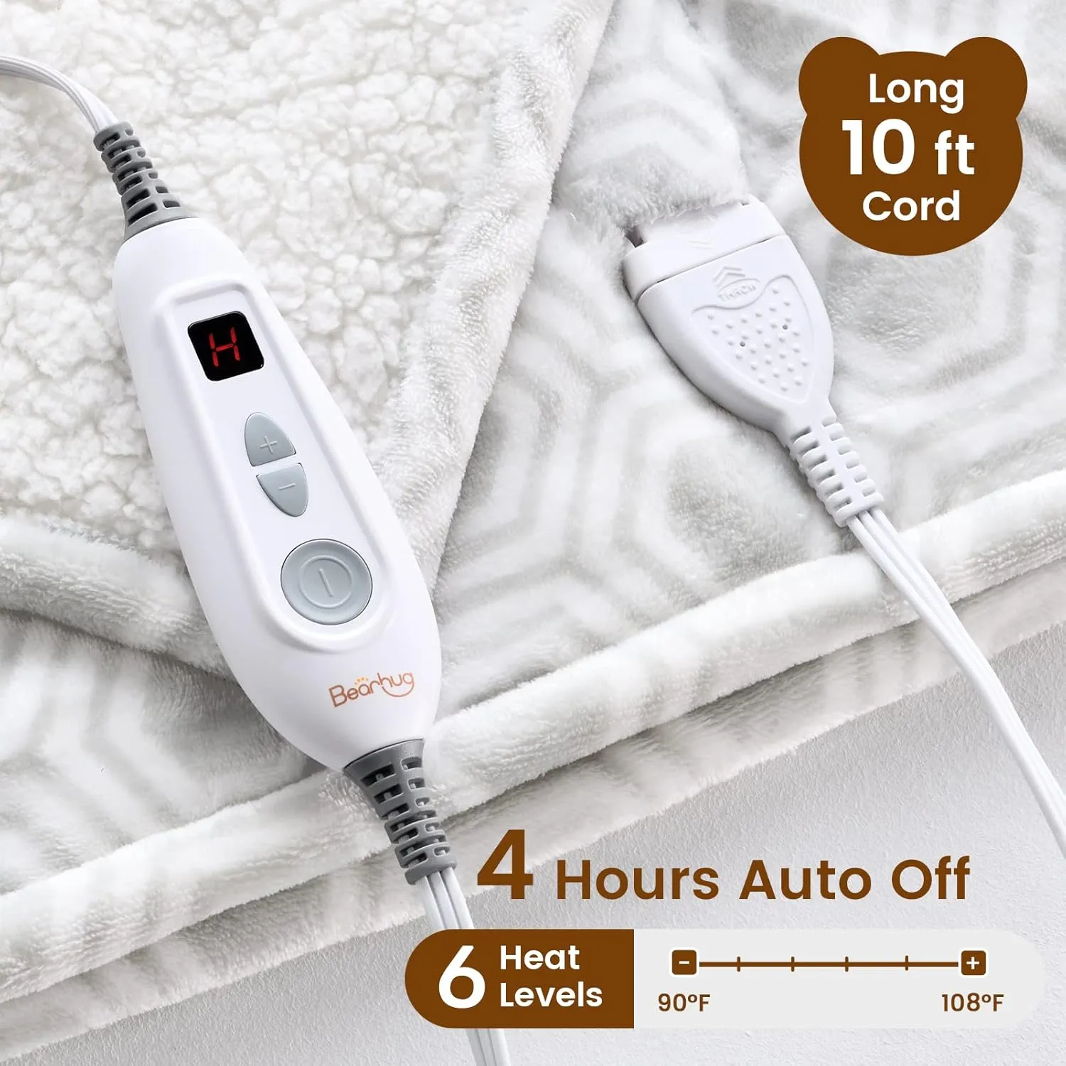 Bearhug Electric Throw Blanket 50" x 60", Reversible Velvet & Sherpa Heated Throw, 6 Heating Levels & 4H Auto Off, Over-Heat Protect, ETL Certification, Machine Washable