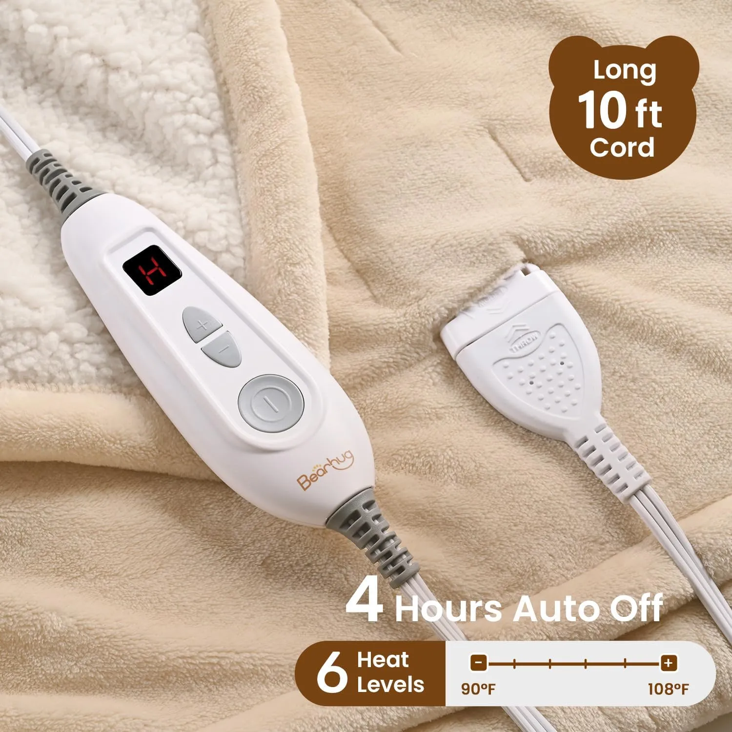 Bearhug Electric Throw Blanket 50" x 60", Reversible Velvet & Sherpa Heated Throw Beige, 6 Heating Levels & 4H Auto Off, Over-Heat Protect, ETL Certification, Machine Washable