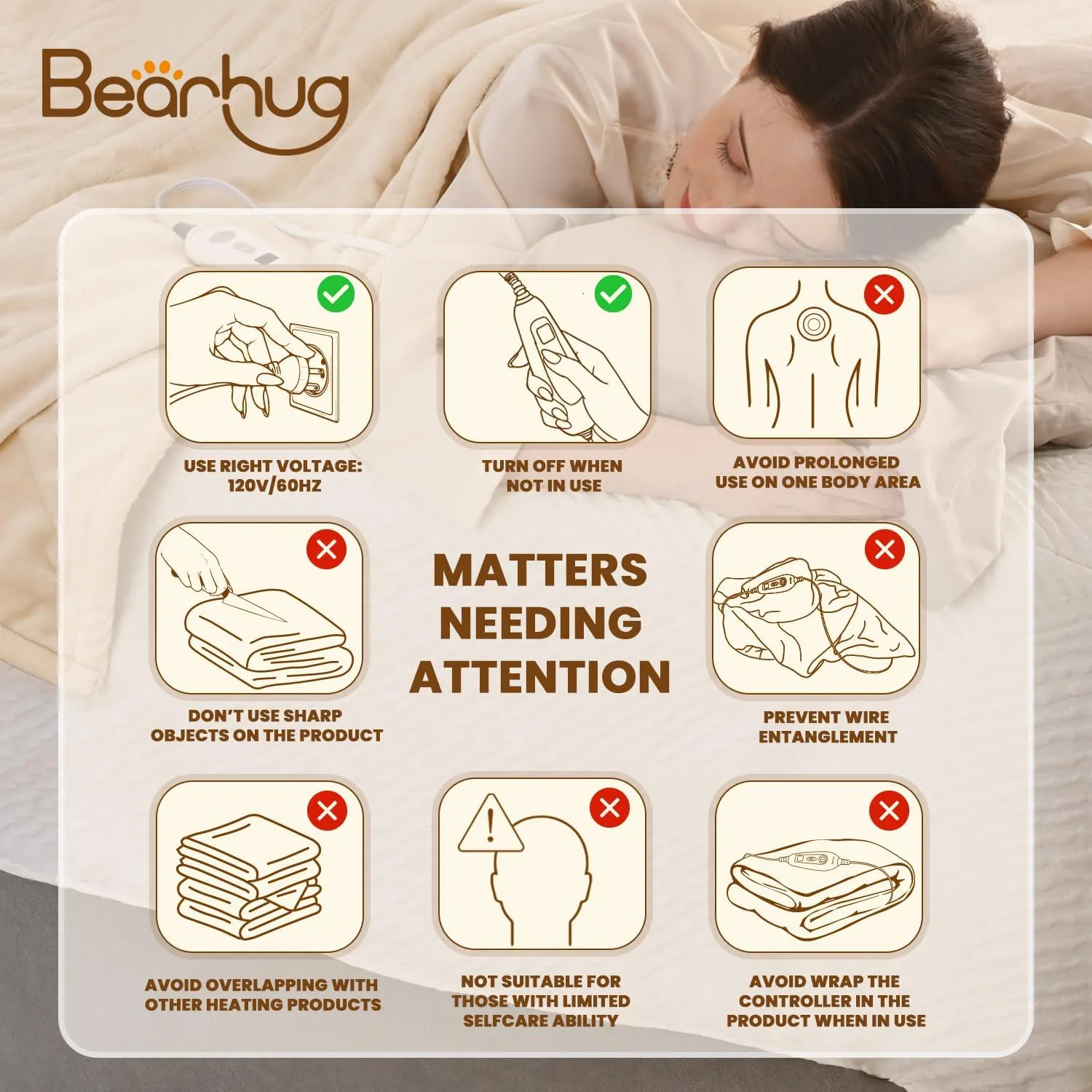 Bearhug Electric Throw Blanket 50" x 60", Reversible Velvet & Sherpa Heated Throw Beige, 6 Heating Levels & 4H Auto Off, Over-Heat Protect, ETL Certification, Machine Washable