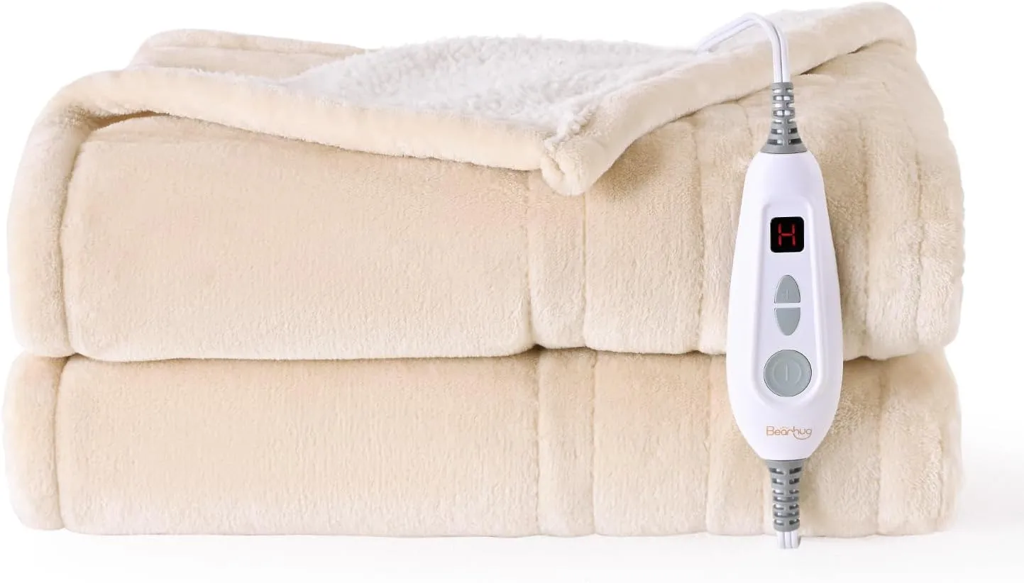 Bearhug Electric Throw Blanket 50" x 60", Reversible Velvet & Sherpa Heated Throw Beige, 6 Heating Levels & 4H Auto Off, Over-Heat Protect, ETL Certification, Machine Washable