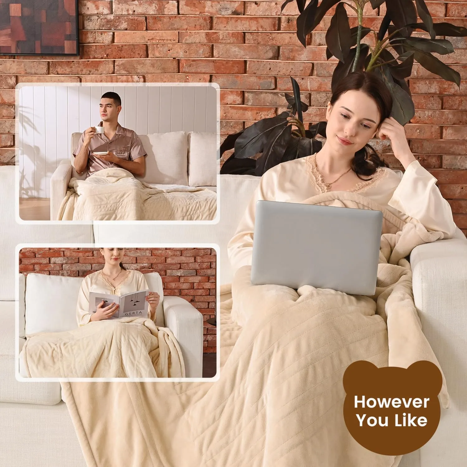 Bearhug Electric Throw Blanket 50" x 60", Reversible Velvet & Sherpa Heated Throw Beige, 6 Heating Levels & 4H Auto Off, Over-Heat Protect, ETL Certification, Machine Washable