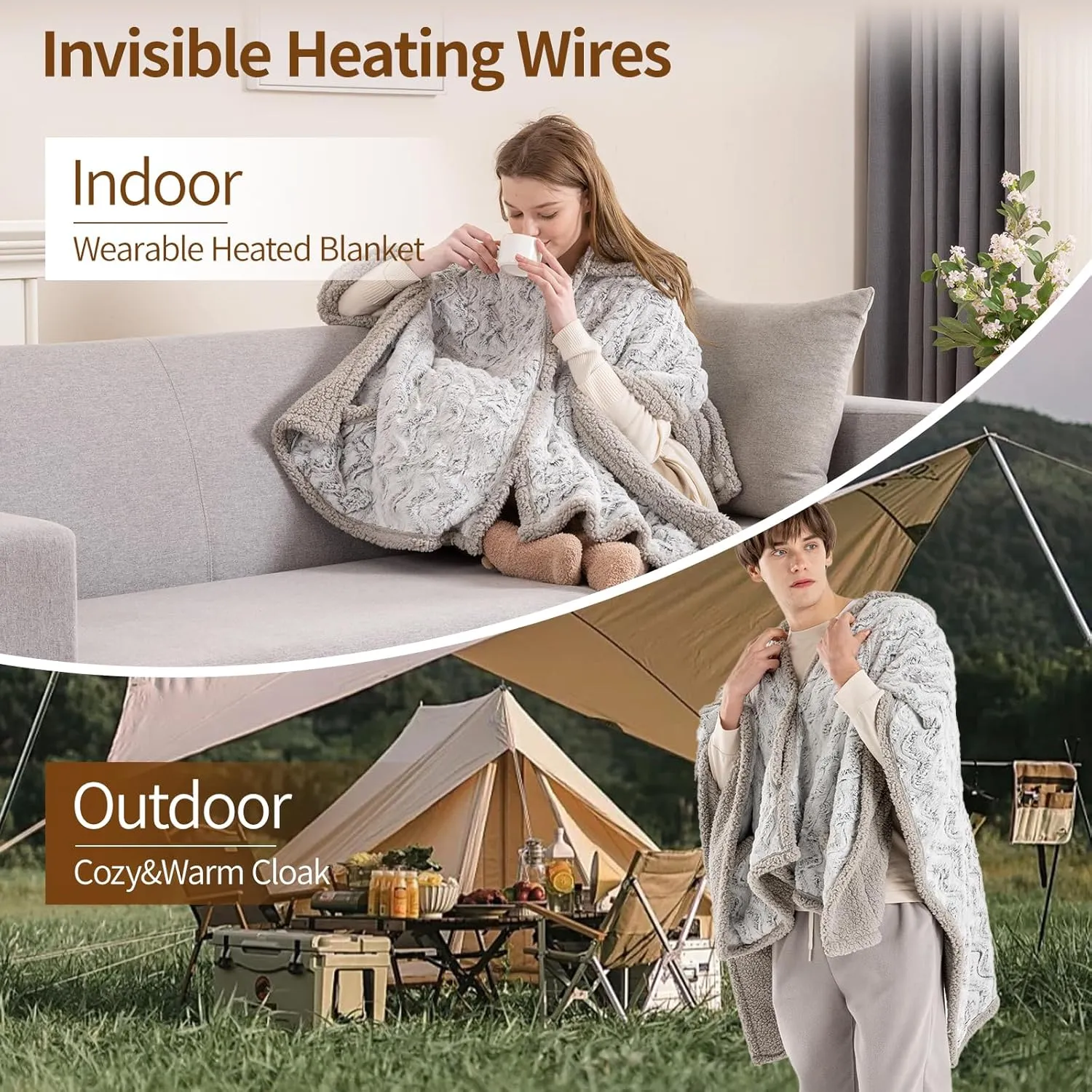 Bearhug Electric Wearable Heated Blanket, Heated Shawl with Pocket & Hood, Cozy Faux Fur and Sherpa, Heated Hoodie with 6 Temp Levels, 4H Auto-Off, ETL Certified, Machine Washable, 50" × 60"