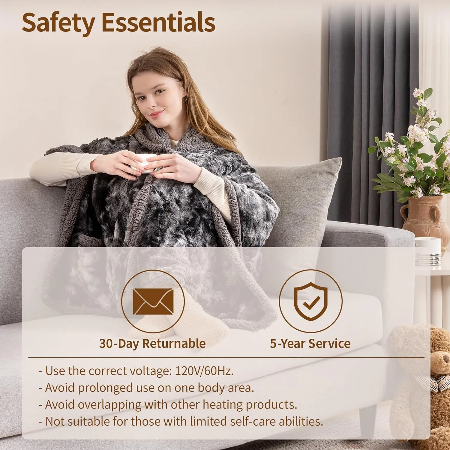 Bearhug Electric Wearable Heated Blanket, Heated Shawl with Pocket & Hood, Cozy Faux Fur and Sherpa, Heated Hoodie with 6 Temp Levels, 4H Auto-Off, ETL Certified, Machine Washable, 50" × 60"