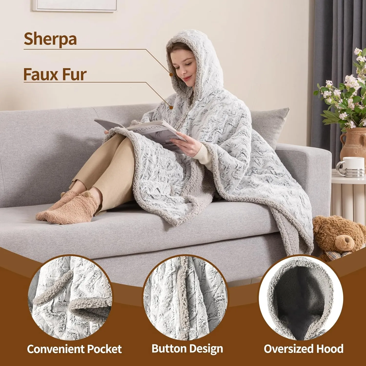 Bearhug Electric Wearable Heated Blanket, Heated Shawl with Pocket & Hood, Cozy Faux Fur and Sherpa, Heated Hoodie with 6 Temp Levels, 4H Auto-Off, ETL Certified, Machine Washable, 50" × 60"