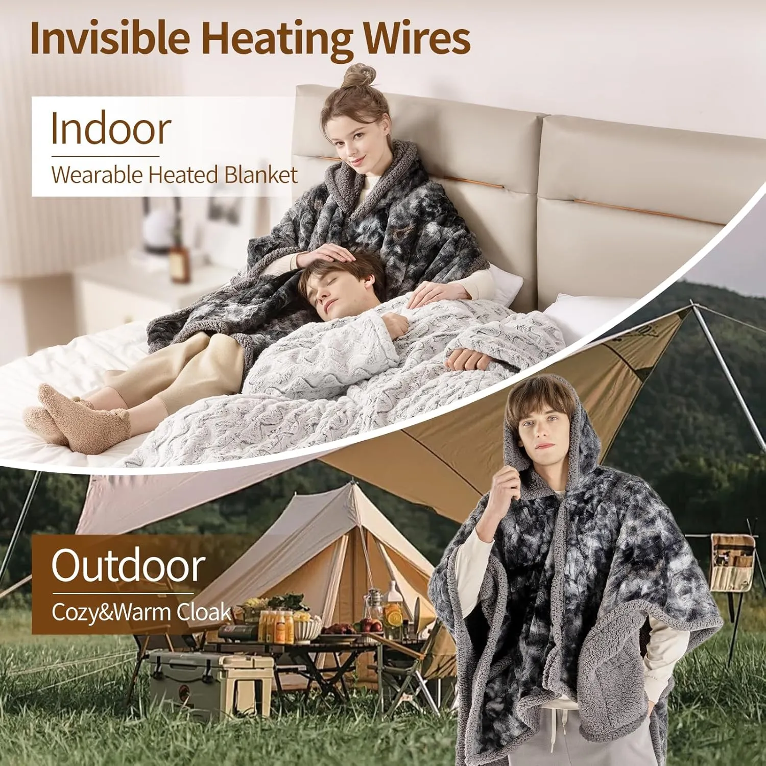 Bearhug Electric Wearable Heated Blanket, Heated Shawl with Pocket & Hood, Cozy Faux Fur and Sherpa, Heated Hoodie with 6 Temp Levels, 4H Auto-Off, ETL Certified, Machine Washable, 50" × 60"