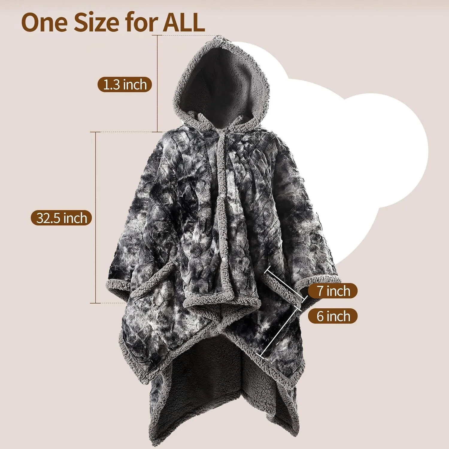 Bearhug Electric Wearable Heated Blanket, Heated Shawl with Pocket & Hood, Cozy Faux Fur and Sherpa, Heated Hoodie with 6 Temp Levels, 4H Auto-Off, ETL Certified, Machine Washable, 50" × 60"