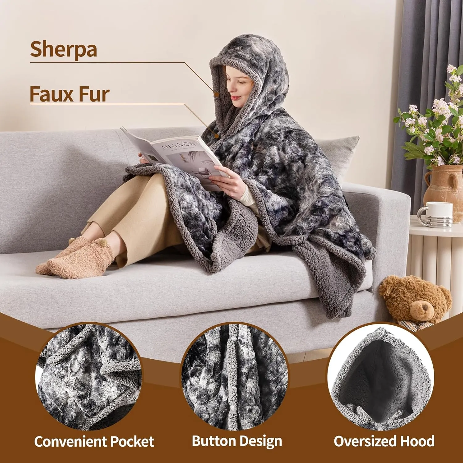 Bearhug Electric Wearable Heated Blanket, Heated Shawl with Pocket & Hood, Cozy Faux Fur and Sherpa, Heated Hoodie with 6 Temp Levels, 4H Auto-Off, ETL Certified, Machine Washable, 50" × 60"
