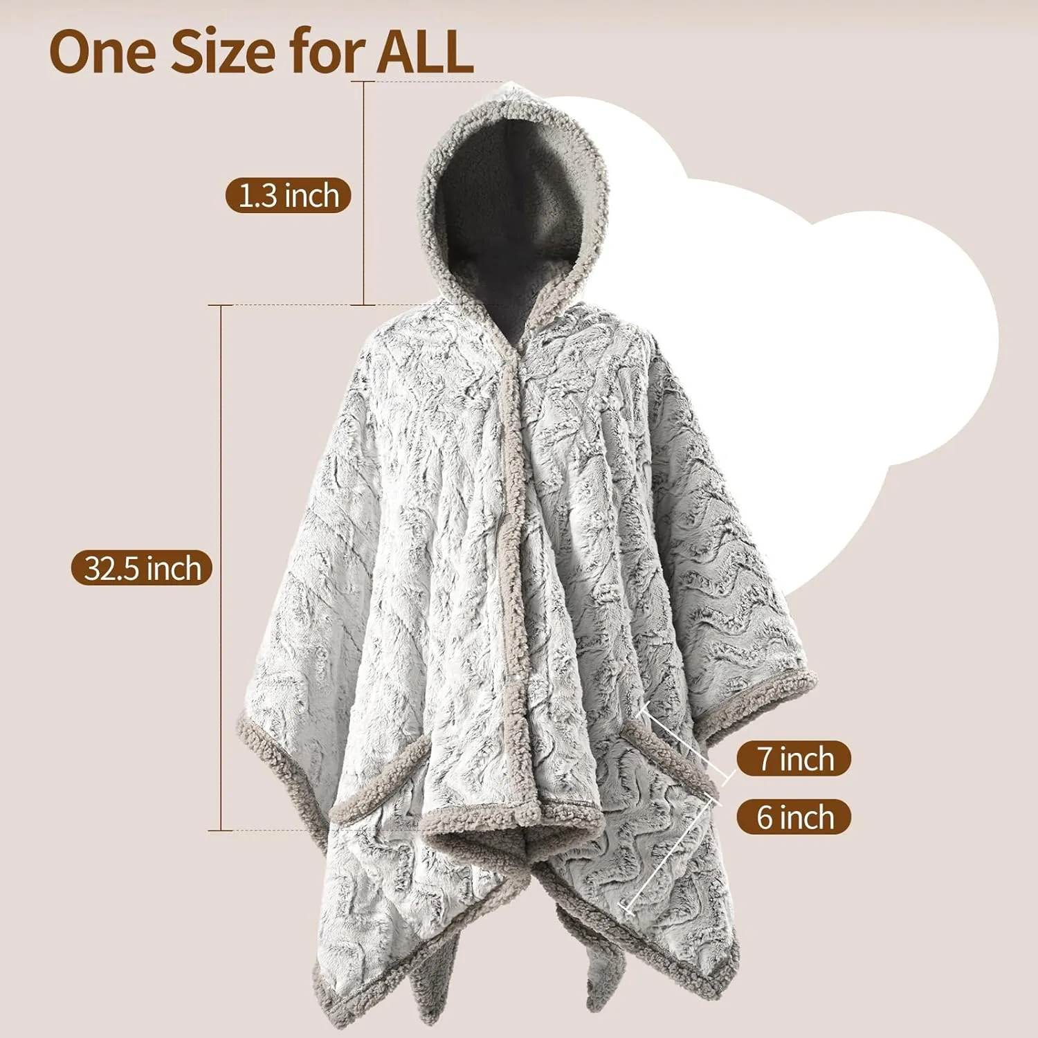 Bearhug Electric Wearable Heated Blanket, Heated Shawl with Pocket & Hood, Cozy Faux Fur and Sherpa, Heated Hoodie with 6 Temp Levels, 4H Auto-Off, ETL Certified, Machine Washable, 50" × 60"