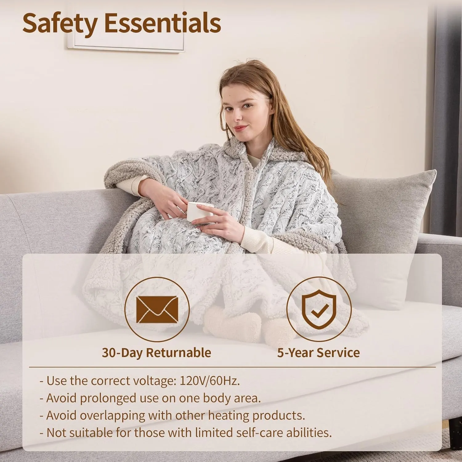 Bearhug Electric Wearable Heated Blanket, Heated Shawl with Pocket & Hood, Cozy Faux Fur and Sherpa, Heated Hoodie with 6 Temp Levels, 4H Auto-Off, ETL Certified, Machine Washable, 50" × 60"