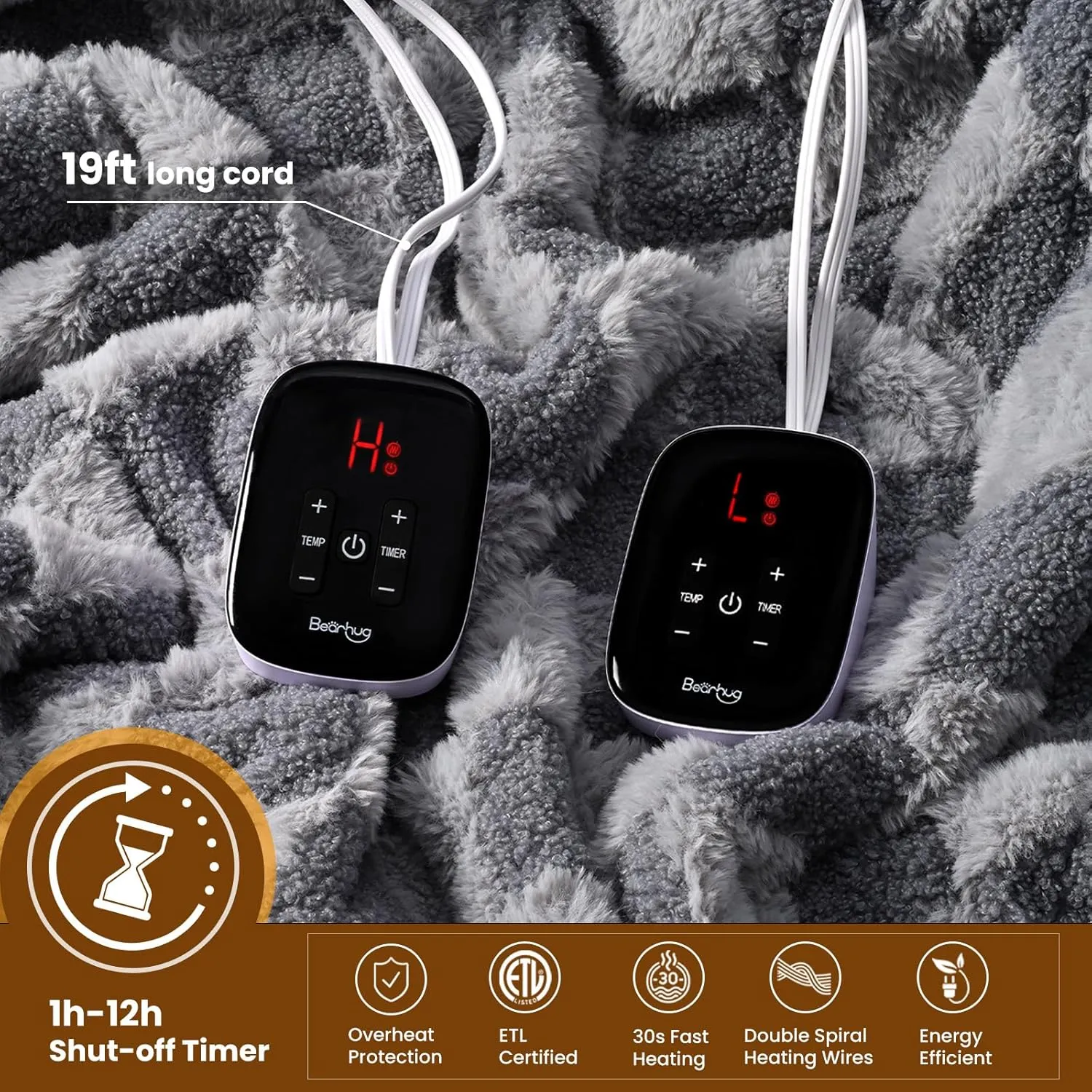 Bearhug Heated Blanket King Size 100" x 90" Dual Controller Electric Blanket Gray Teddy Faux Fur& Warm Sherpa Weighted Heating Blanket 10-Heat Levels& 1-12H Auto Off, ETL, Machine Washable, Gift Box