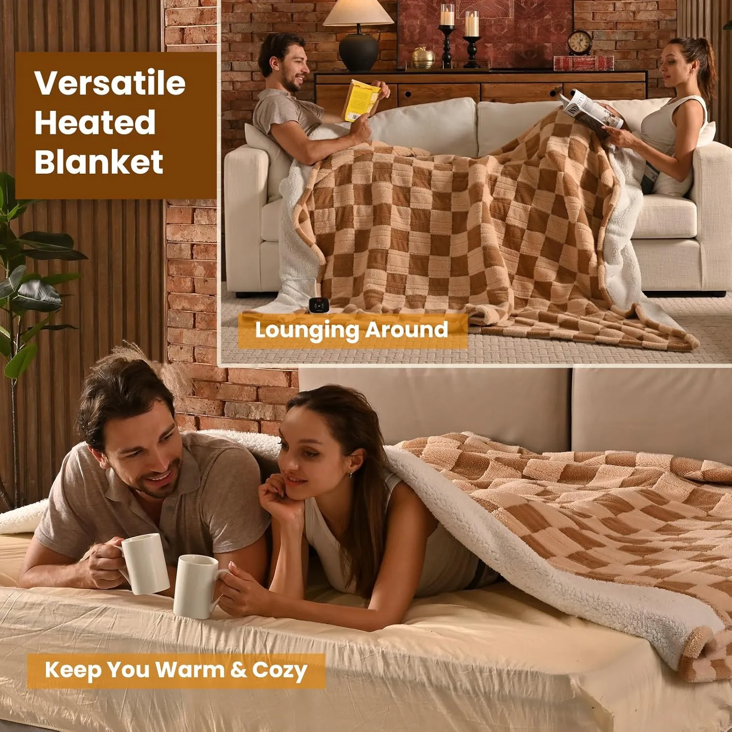 Bearhug Heated Blanket King Size 100" x 90" Dual Controller Electric Blanket, Reversible Brown Plaid Sherpa Weighted Heating Blanket, 10-Heat Levels & 1-12H Auto Off, ETL, Machine Washable