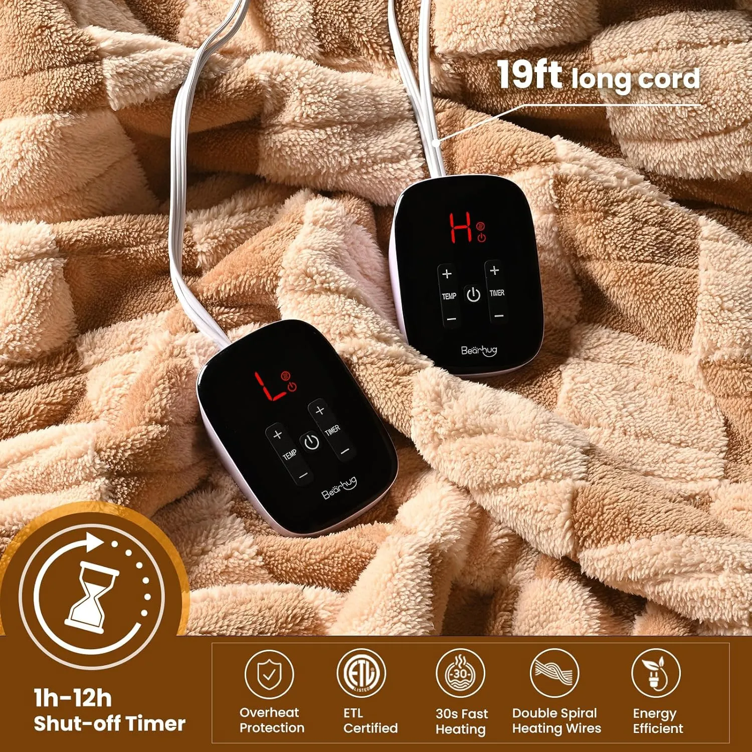 Bearhug Heated Blanket King Size 100" x 90" Dual Controller Electric Blanket, Reversible Brown Plaid Sherpa Weighted Heating Blanket, 10-Heat Levels & 1-12H Auto Off, ETL, Machine Washable