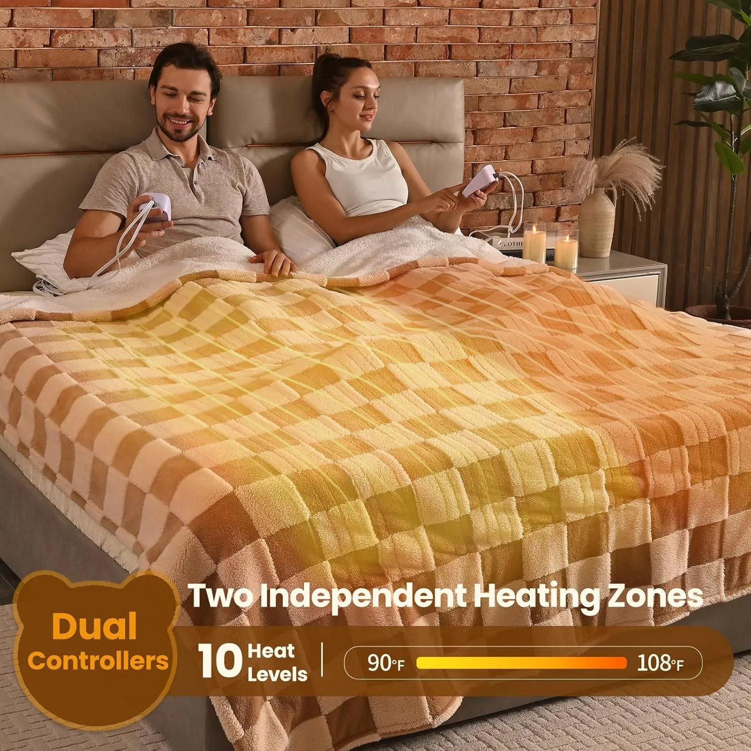 Bearhug Heated Blanket King Size 100" x 90" Dual Controller Electric Blanket, Reversible Brown Plaid Sherpa Weighted Heating Blanket, 10-Heat Levels & 1-12H Auto Off, ETL, Machine Washable