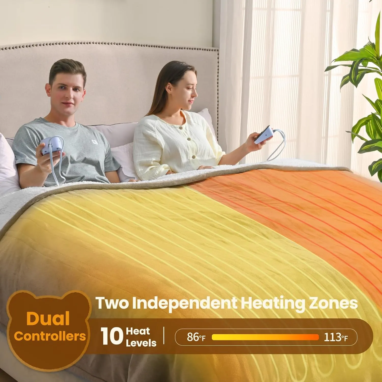 Bearhug Heated Blanket Queen Size 84" × 90", Dual Controller Electric Blanket, Velvet & Sherpa Heating Blanket, 10-Heating Level & 0.5-12H Auto Off, Over-Heat Protect, ETL, Machine Washable-Taupe