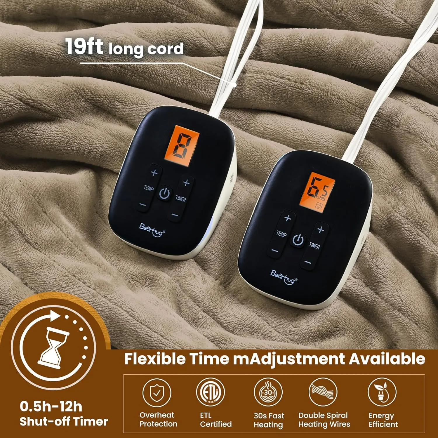 Bearhug Heated Blanket Queen Size 84" × 90", Dual Controller Electric Blanket, Velvet & Sherpa Heating Blanket, 10-Heating Level & 0.5-12H Auto Off, Over-Heat Protect, ETL, Machine Washable-Taupe