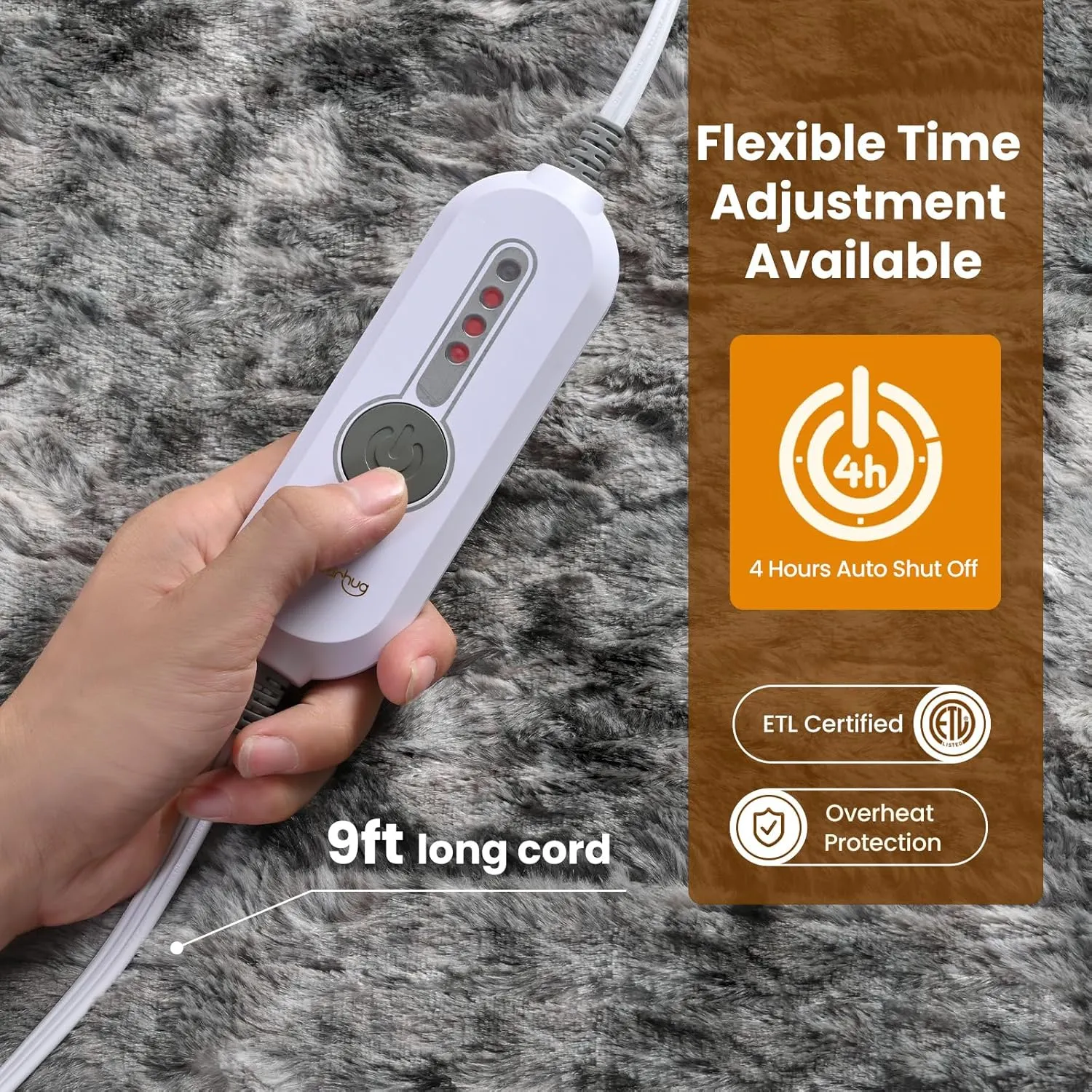 Bearhug Heated Throw Blanket, 50"×60" Electric Blankets, Faux Fur & Warm Sherpa Dual-Sided, 4h Auto-Off Timer & 4 Heating Levels,ETL Certified, Machine Washable, Gift Box-Marble Grey