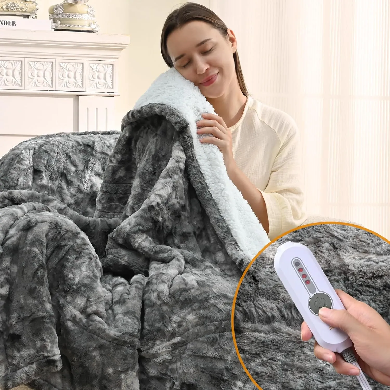Bearhug Heated Throw Blanket, 50"×60" Electric Blankets, Faux Fur & Warm Sherpa Dual-Sided, 4h Auto-Off Timer & 4 Heating Levels,ETL Certified, Machine Washable, Gift Box-Marble Grey