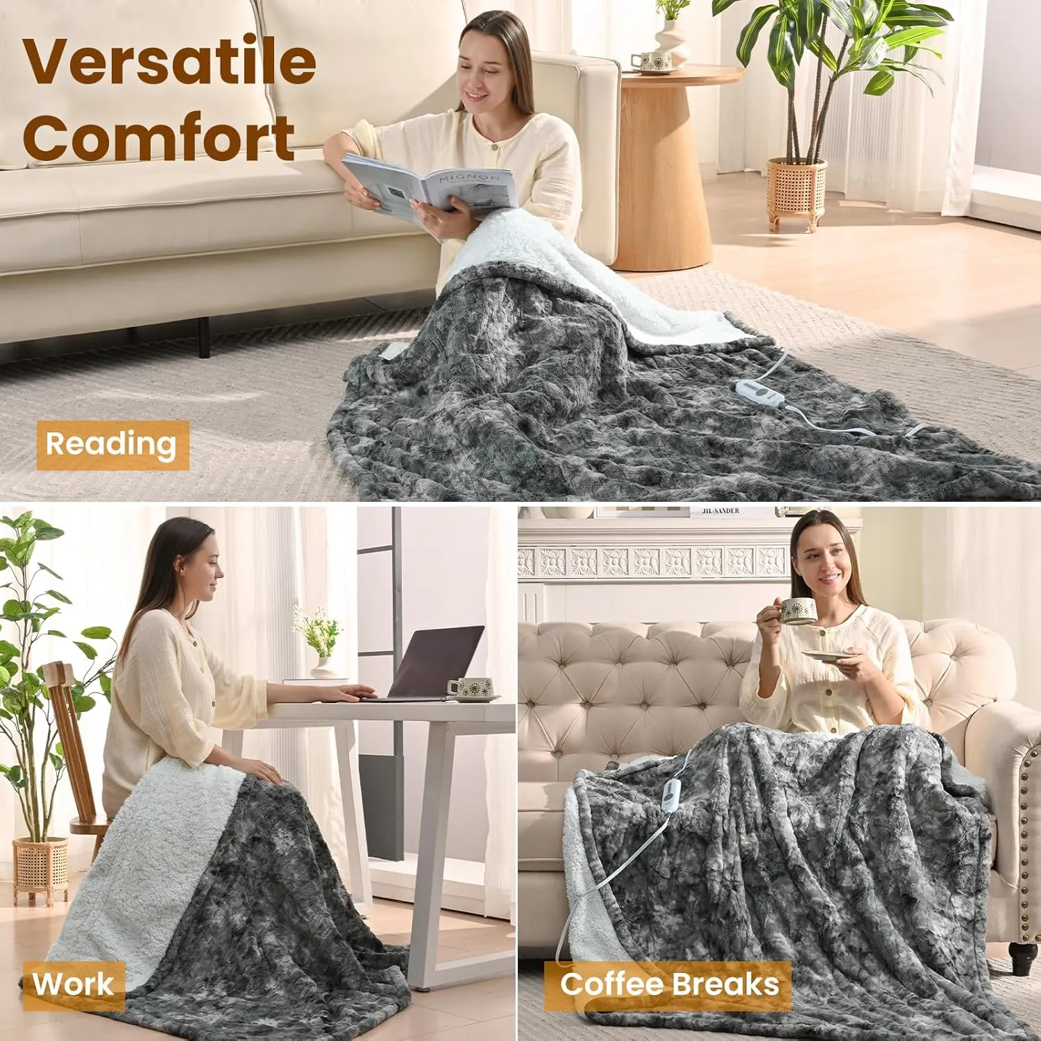 Bearhug Heated Throw Blanket, 50"×60" Electric Blankets, Faux Fur & Warm Sherpa Dual-Sided, 4h Auto-Off Timer & 4 Heating Levels,ETL Certified, Machine Washable, Gift Box-Marble Grey