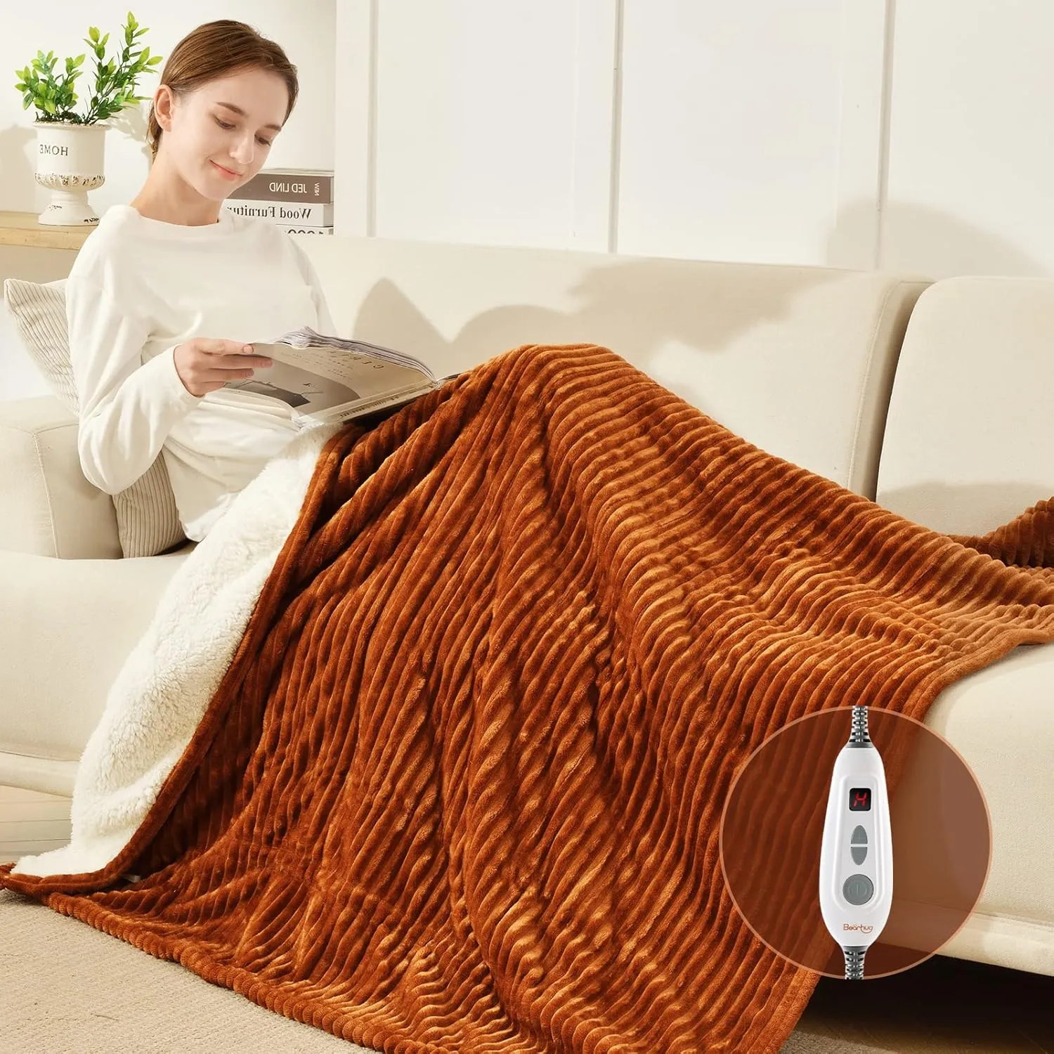Bearhug Heated Throw Blanket, Ribbed Flannel & Sherpa 50"x60" Fast Heating Electric Blanket, 6 Heating Levels & 4H Auto Off, Over Heat Protection, Machine Washable