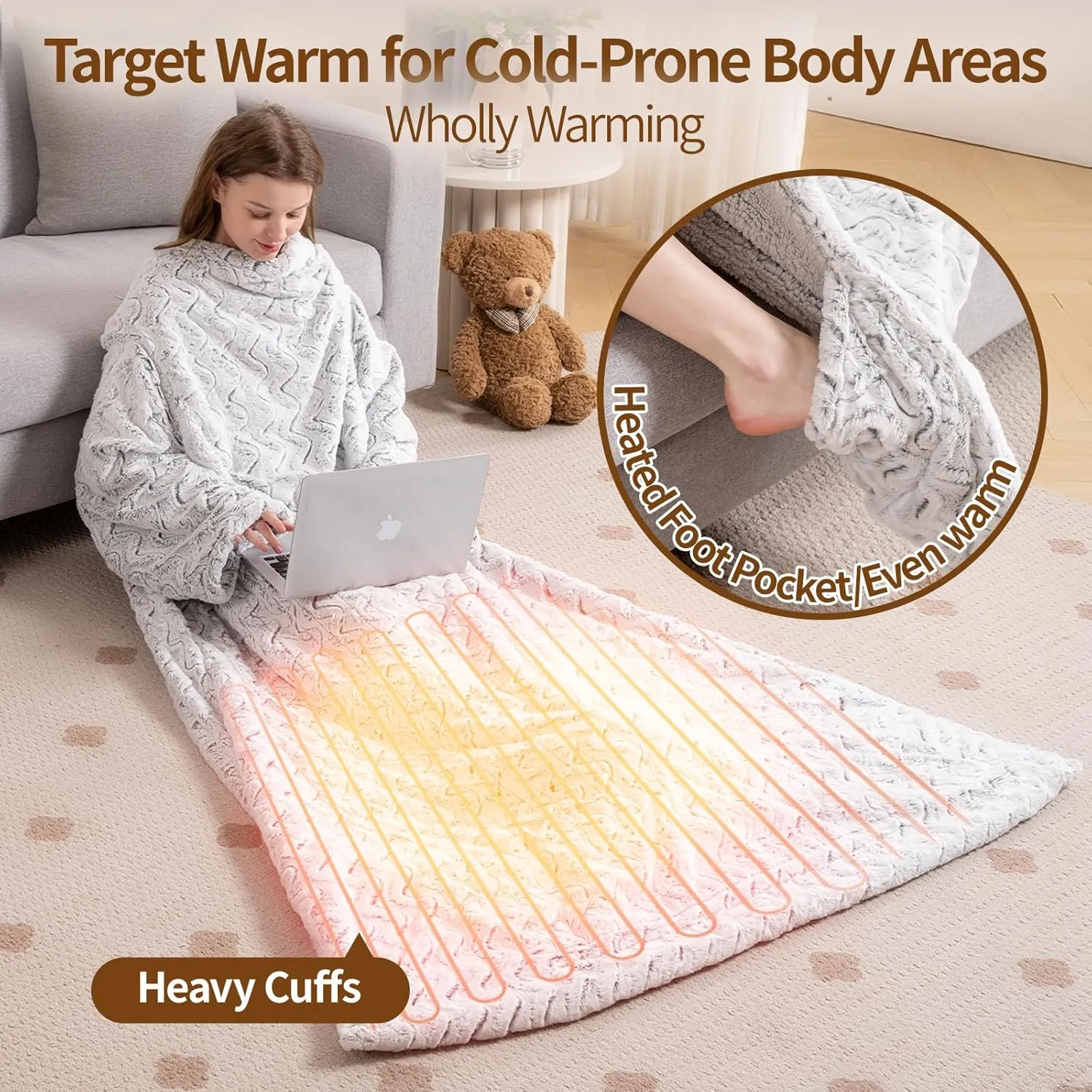 Bearhug Wearable Heated Blanket with Foot Pockets & Sleeves - Faux Fur & Sherpa, Heated Snuggle Blanket for Bed & Sofa, 6 Heating Levels, 4H Auto-Off, ETL Certified, Machine Washable, 50 * 70" 18"
