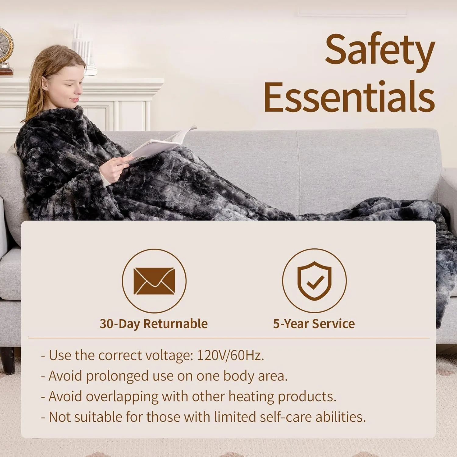 Bearhug Wearable Heated Blanket with Foot Pockets & Sleeves - Faux Fur & Sherpa, Heated Snuggle Blanket for Bed & Sofa, 6 Heating Levels, 4H Auto-Off, ETL Certified, Machine Washable, 50 * 70" 18"