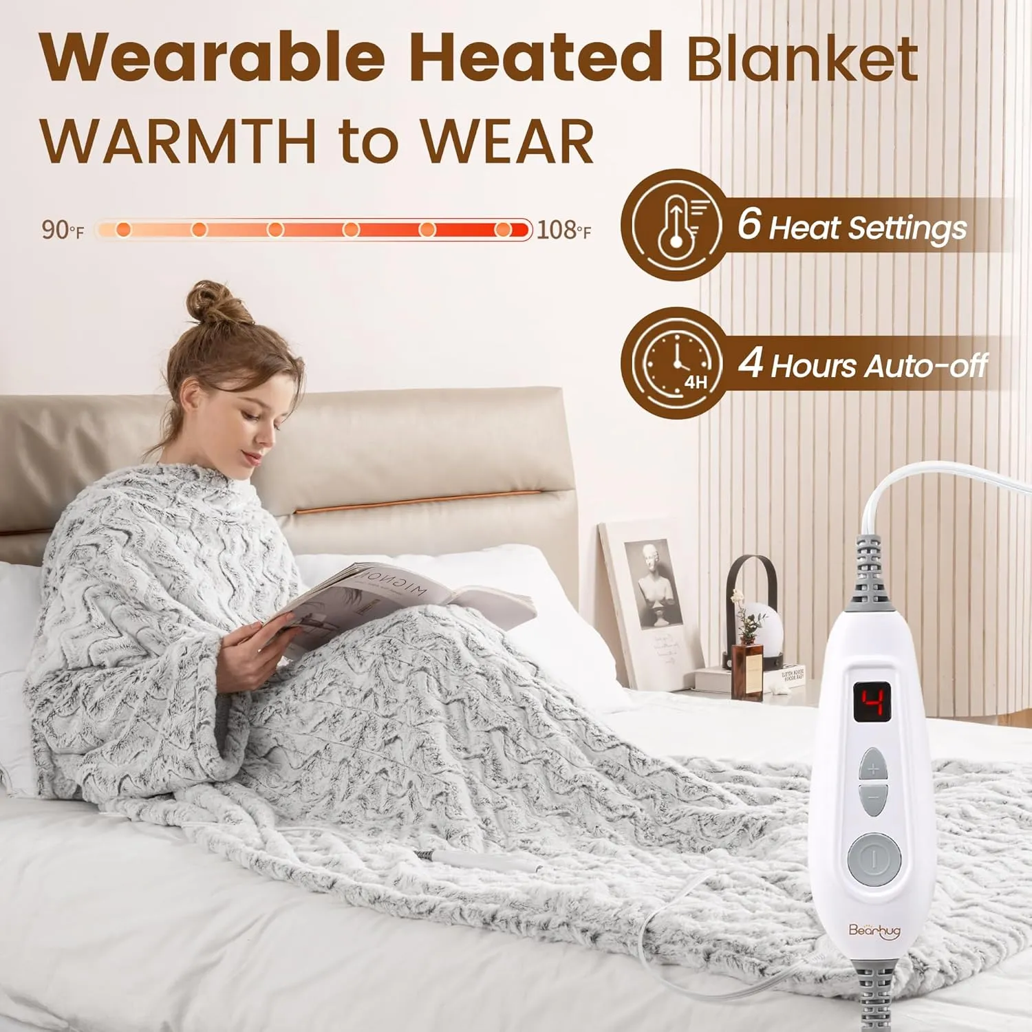 Bearhug Wearable Heated Blanket with Foot Pockets & Sleeves - Faux Fur & Sherpa, Heated Snuggle Blanket for Bed & Sofa, 6 Heating Levels, 4H Auto-Off, ETL Certified, Machine Washable, 50 * 70" 18"