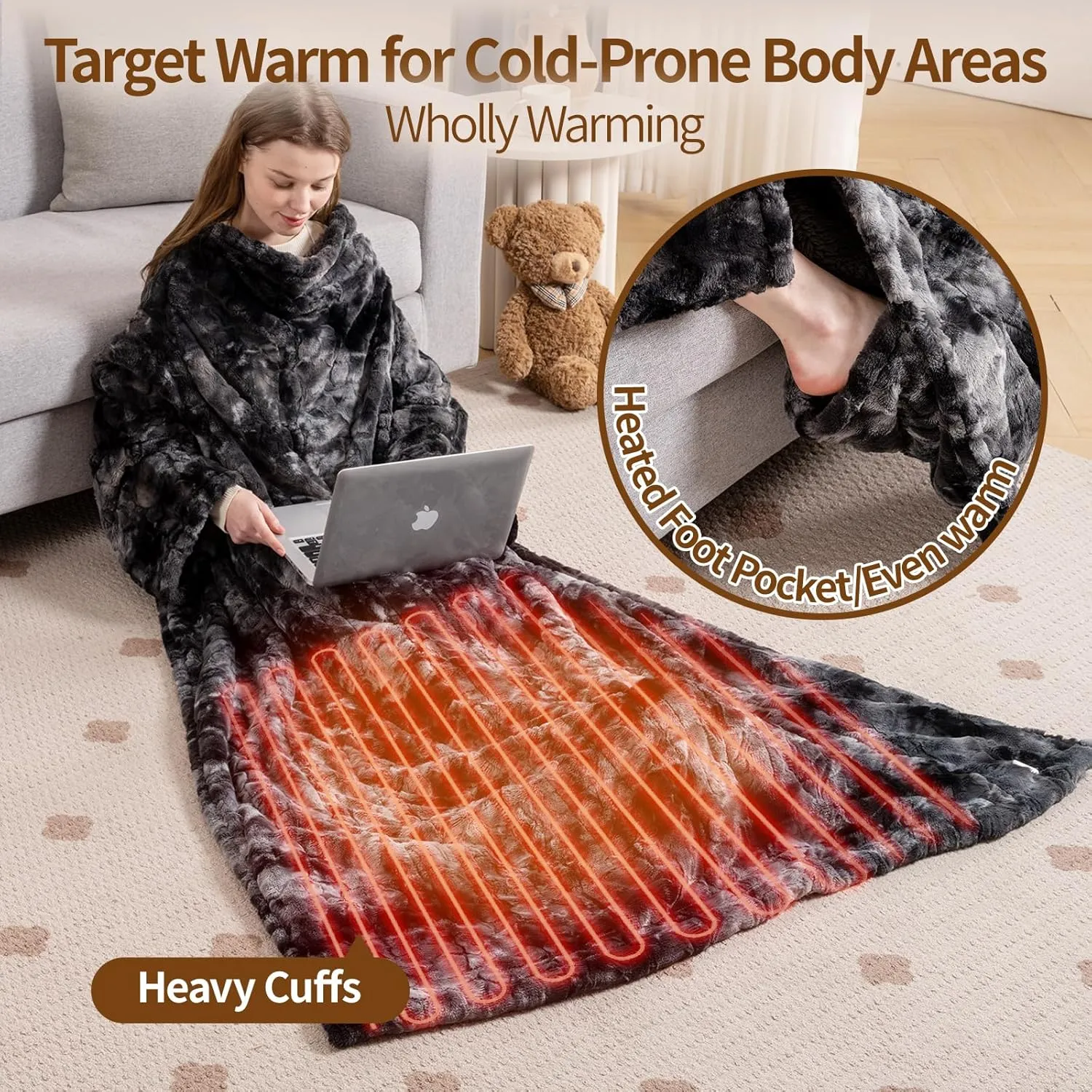 Bearhug Wearable Heated Blanket with Foot Pockets & Sleeves - Faux Fur & Sherpa, Heated Snuggle Blanket for Bed & Sofa, 6 Heating Levels, 4H Auto-Off, ETL Certified, Machine Washable, 50 * 70" 18"