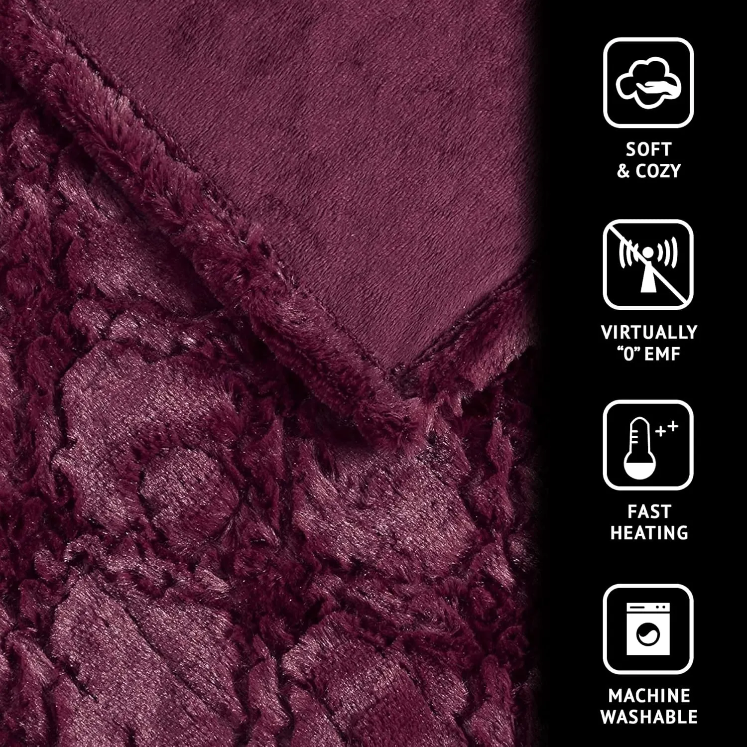 Beautyrest Brushed Long Fur Electric Throw Blanket Ogee Pattern Warm and Soft Heated Wrap with Auto Shutoff, 50 in x 60 in, Burgundy