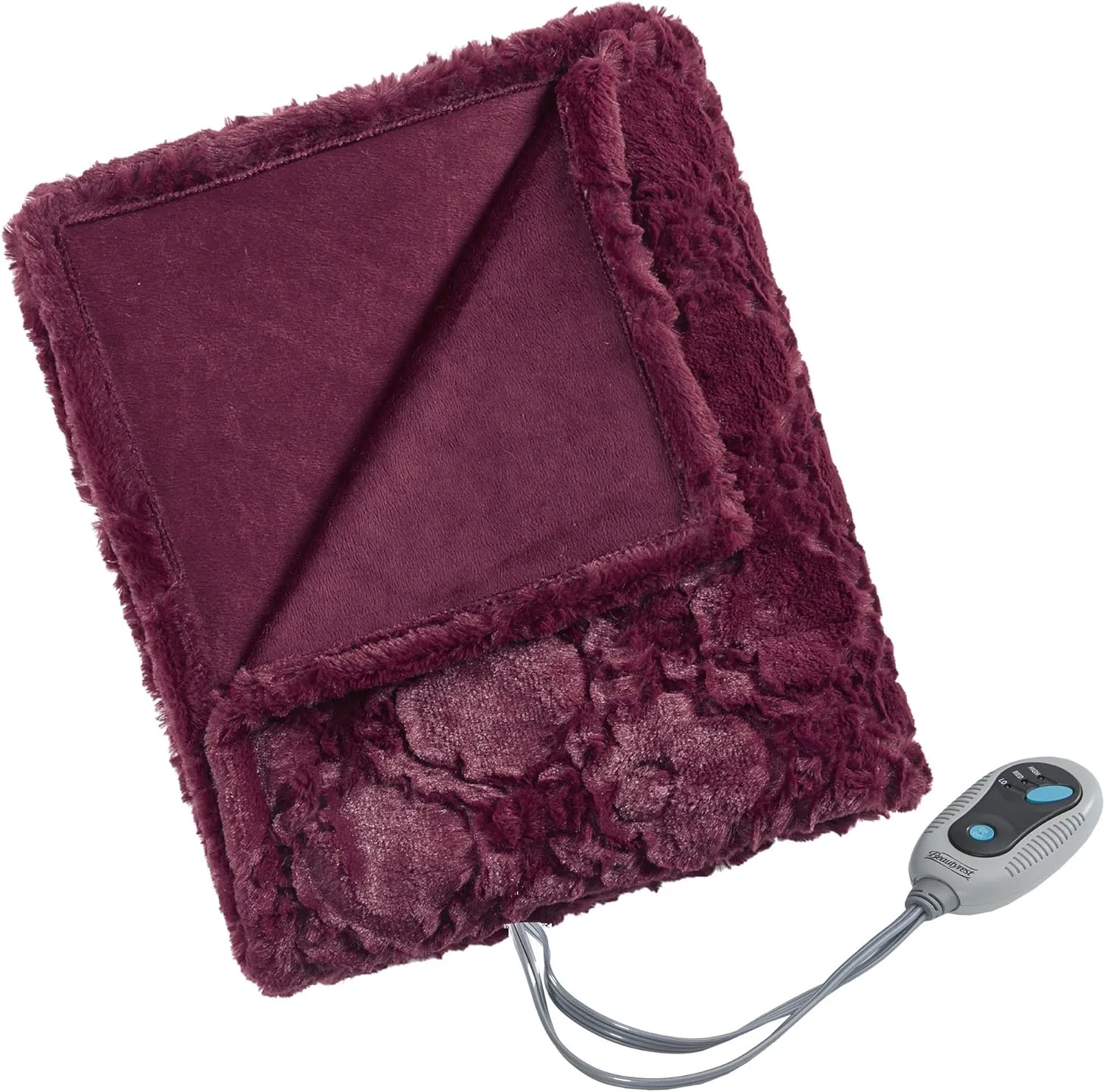 Beautyrest Brushed Long Fur Electric Throw Blanket Ogee Pattern Warm and Soft Heated Wrap with Auto Shutoff, 50 in x 60 in, Burgundy