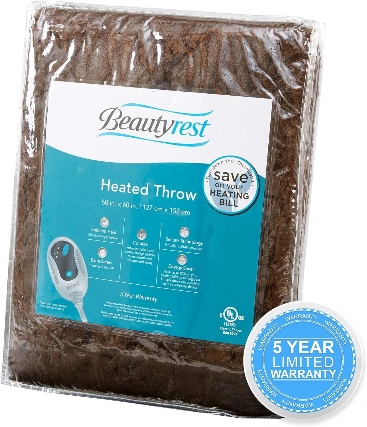 Beautyrest Brushed Long Fur Electric Throw Blanket Ogee Pattern Warm and Soft Heated Wrap with Auto Shutoff, 50 in x 60 in, Chocolate