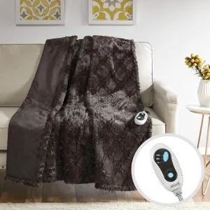 Beautyrest Brushed Long Fur Electric Throw Blanket Ogee Pattern Warm and Soft Heated Wrap with Auto Shutoff, 50 in x 60 in, Chocolate