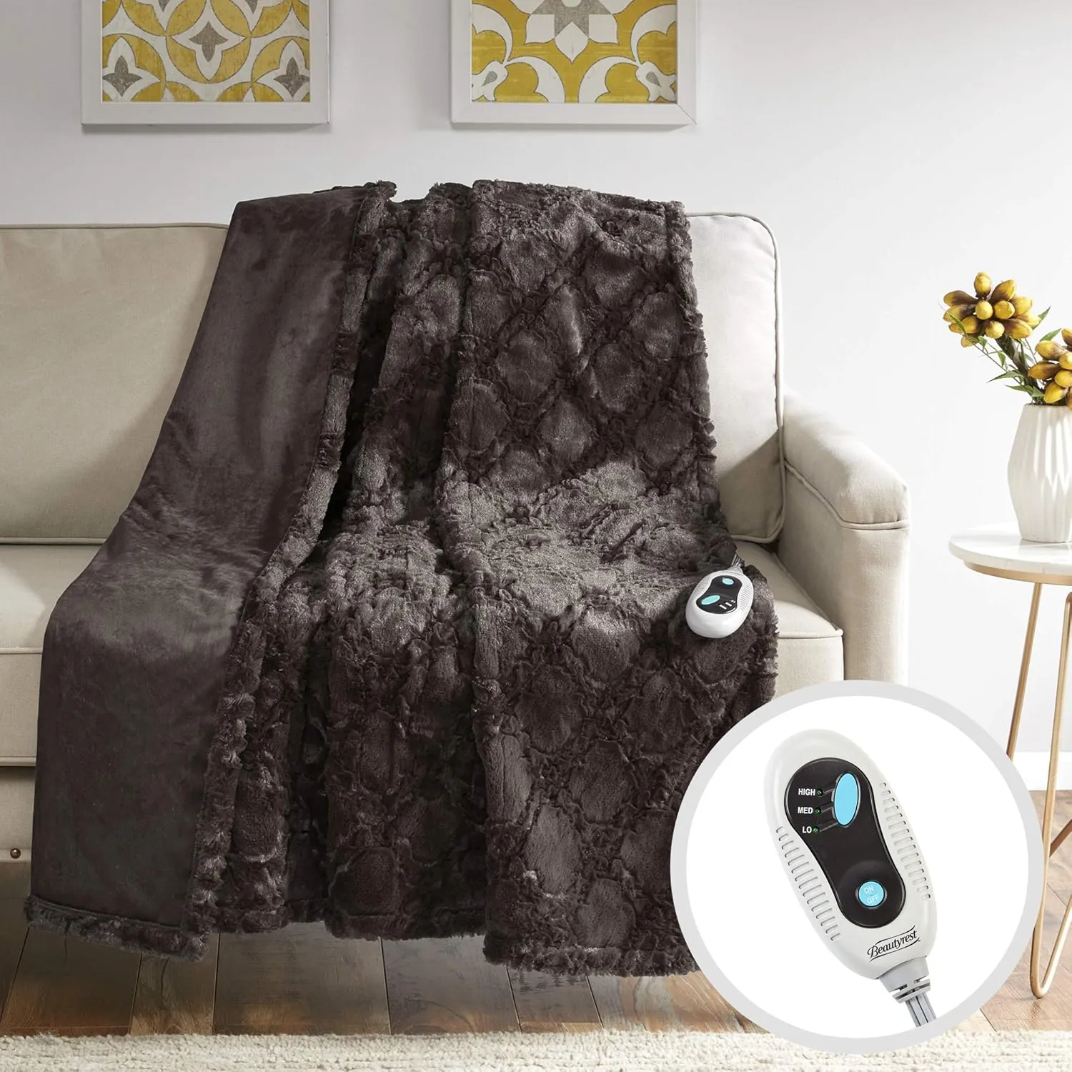 Beautyrest Brushed Long Fur Electric Throw Blanket Ogee Pattern Warm and Soft Heated Wrap with Auto Shutoff, 50 in x 60 in, Chocolate