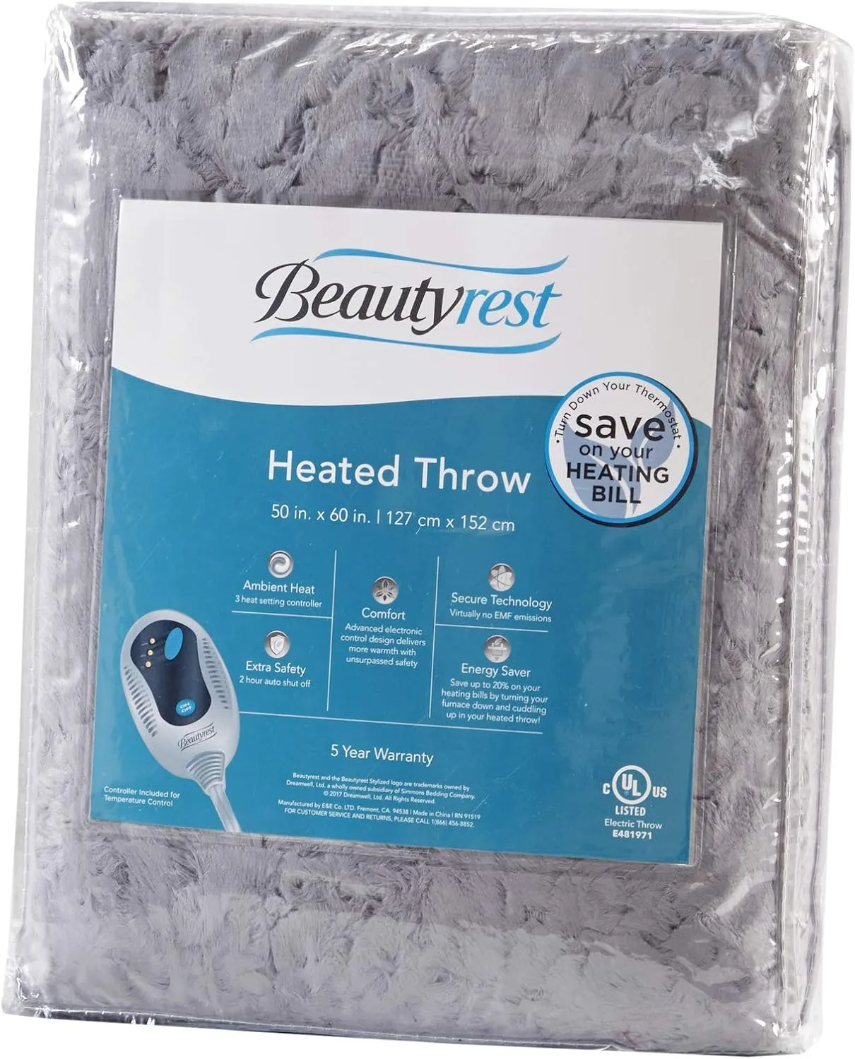 Beautyrest Brushed Long Fur Electric Throw Blanket Ogee Pattern Warm and Soft Heated Wrap with Auto Shutoff, 50 in x 60 in, Grey