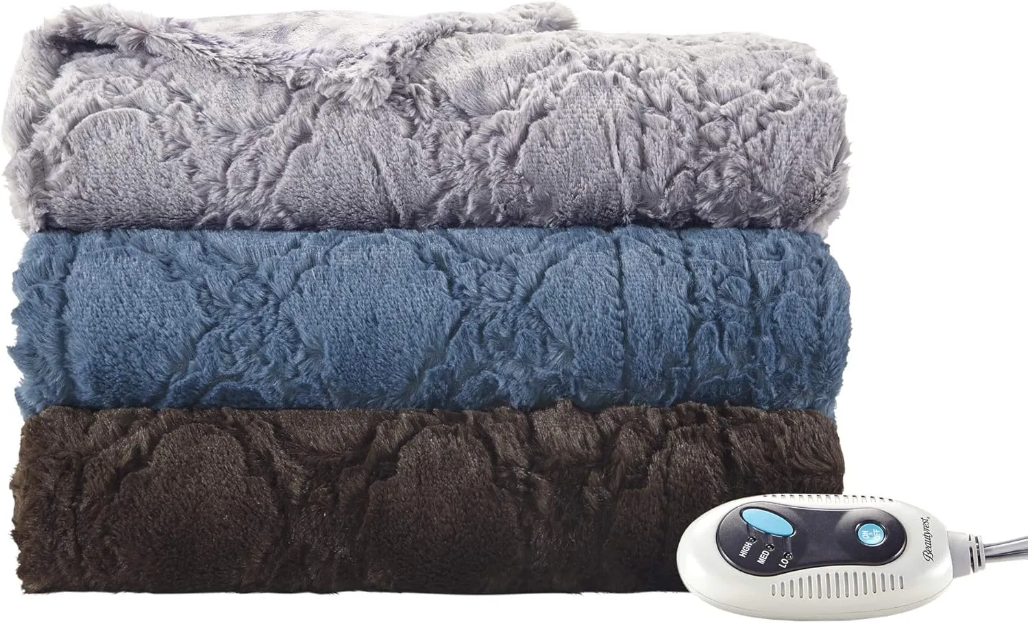Beautyrest Brushed Long Fur Electric Throw Blanket Ogee Pattern Warm and Soft Heated Wrap with Auto Shutoff, 50 in x 60 in, Grey