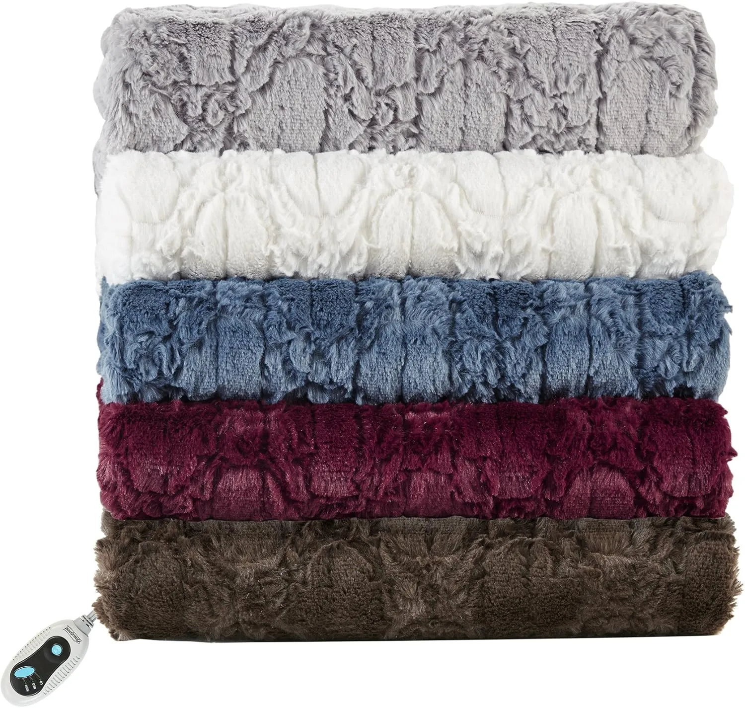 Beautyrest Brushed Long Fur Electric Throw Blanket Ogee Pattern Warm and Soft Heated Wrap with Auto Shutoff, 50 in x 60 in, Ivory