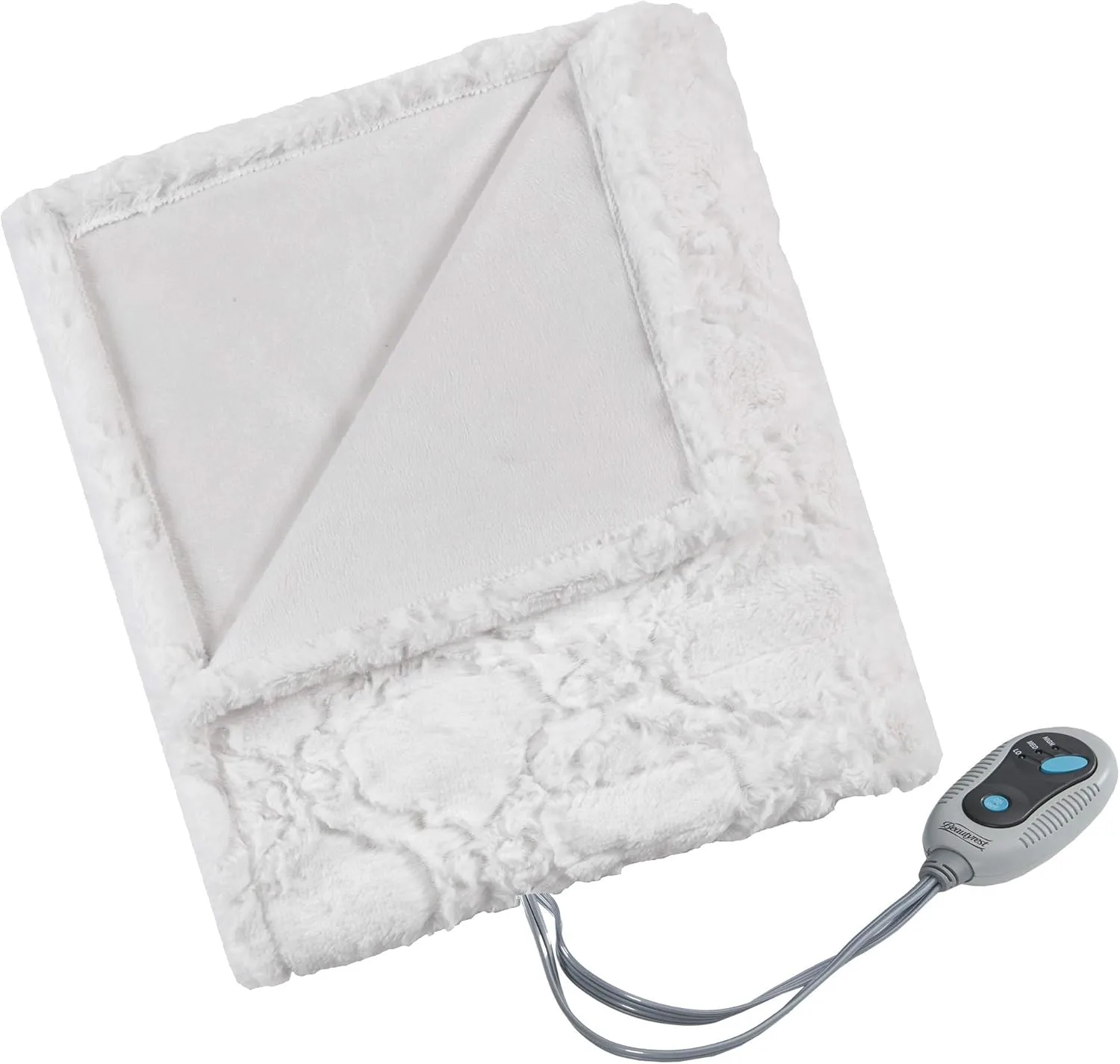 Beautyrest Brushed Long Fur Electric Throw Blanket Ogee Pattern Warm and Soft Heated Wrap with Auto Shutoff, 50 in x 60 in, Ivory