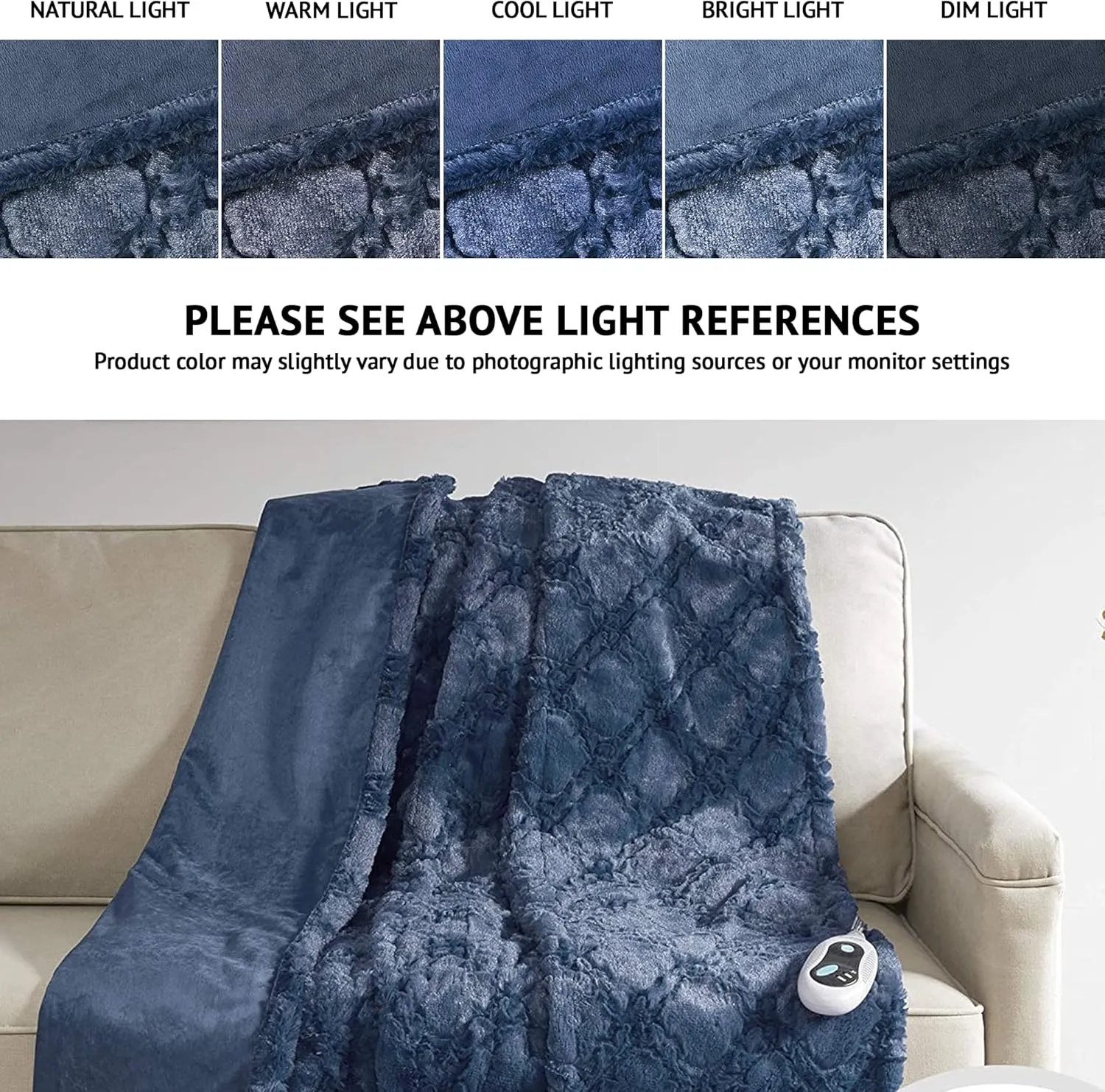 Beautyrest Brushed Long Fur Electric Throw Blanket Ogee Pattern Warm and Soft Heated Wrap with Auto Shutoff, 50 in x 60 in, Sapphire Blue