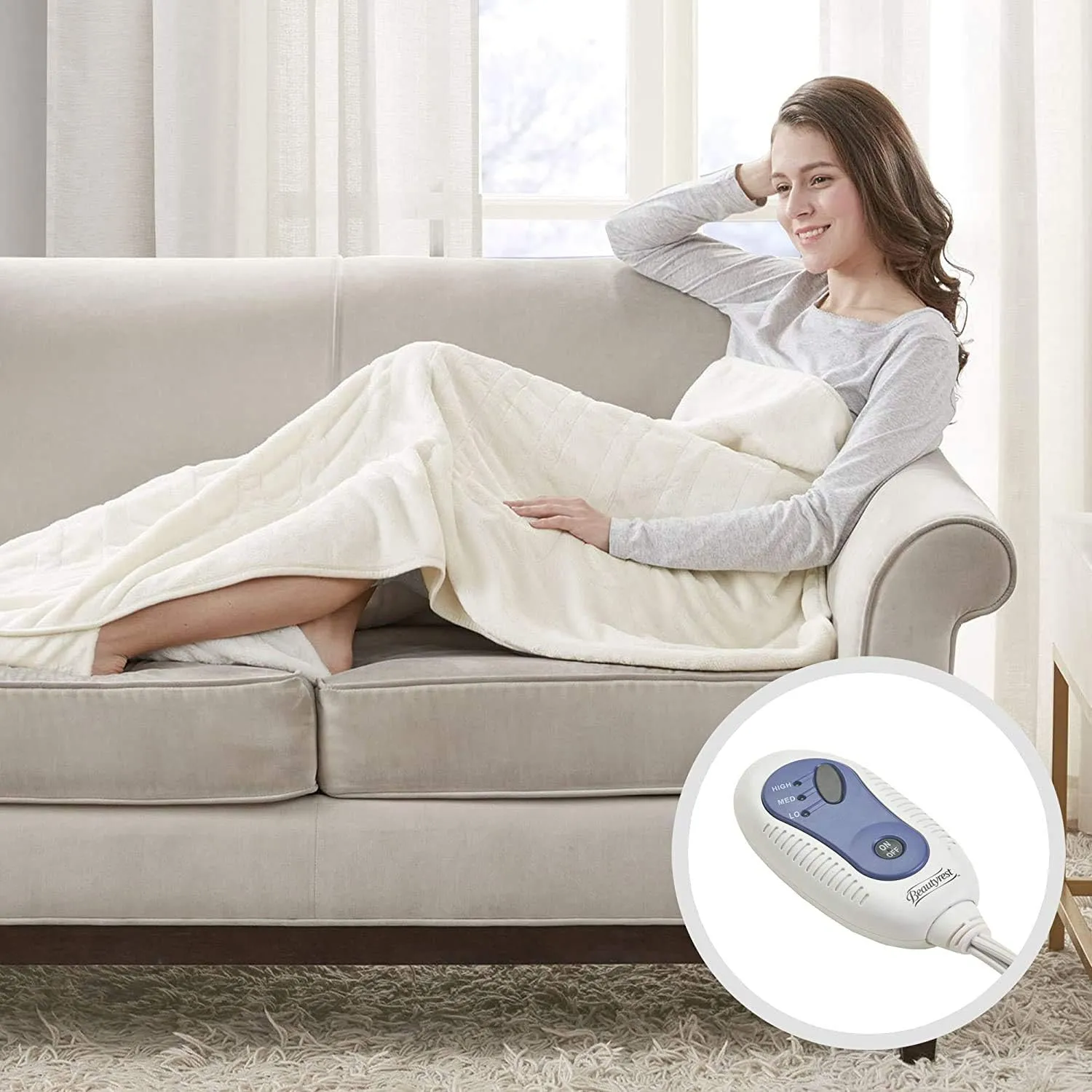 Beautyrest Foot Pocket Soft Microlight Plush Electric Blanket Heated Throw Wrap with Auto Shutoff, 50 x 62 in, Ivory