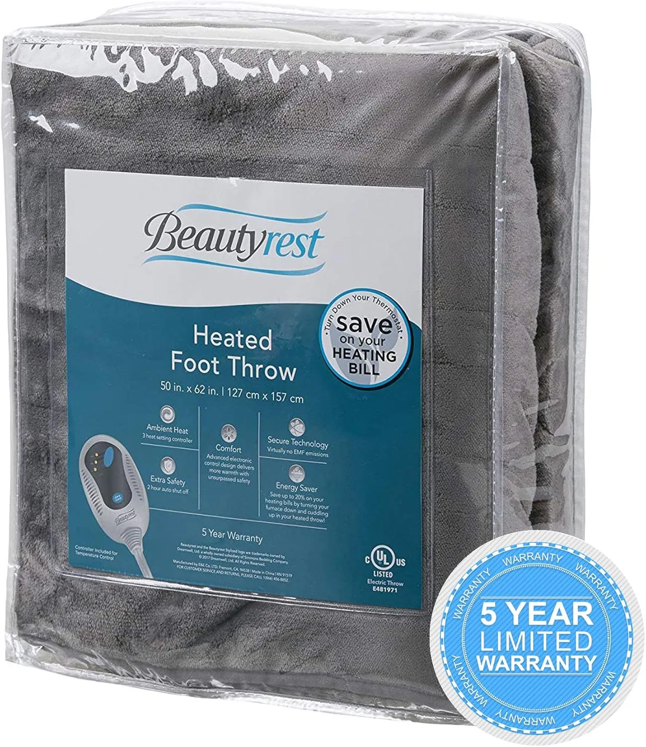 Beautyrest Foot Pocket Soft Microlight Plush Electric Blanket Heated Throw Wrap with Auto Shutoff, 50x62, Grey