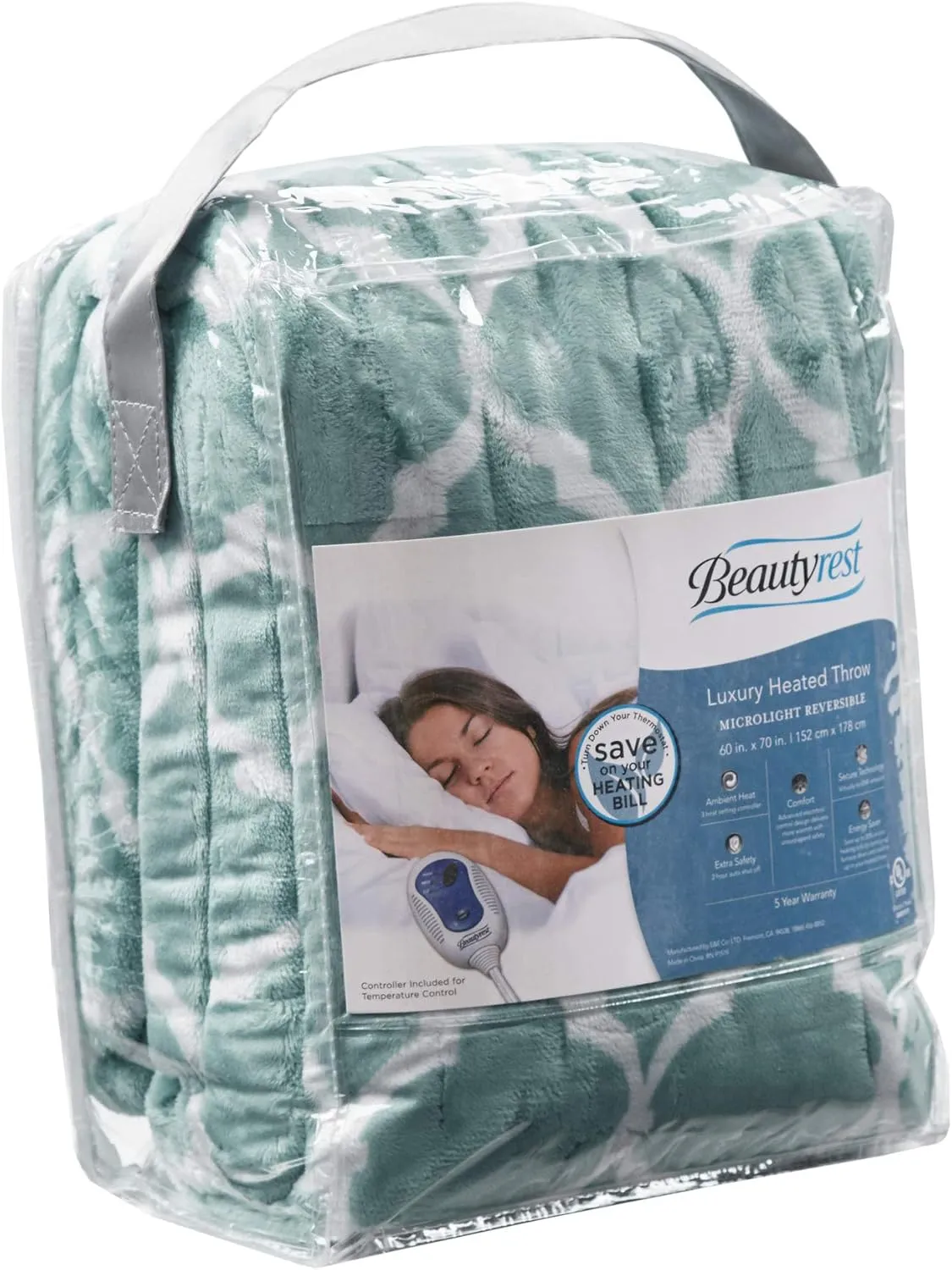 Beautyrest Ogee Printed Plush Electric Blanket for Cold Weather, Fast Heating, Auto Shut Off, Virtually Zero EMF, Multi Heat Setting, UL Certified, Machine Washable, Aqua Oversized Throw 60x70