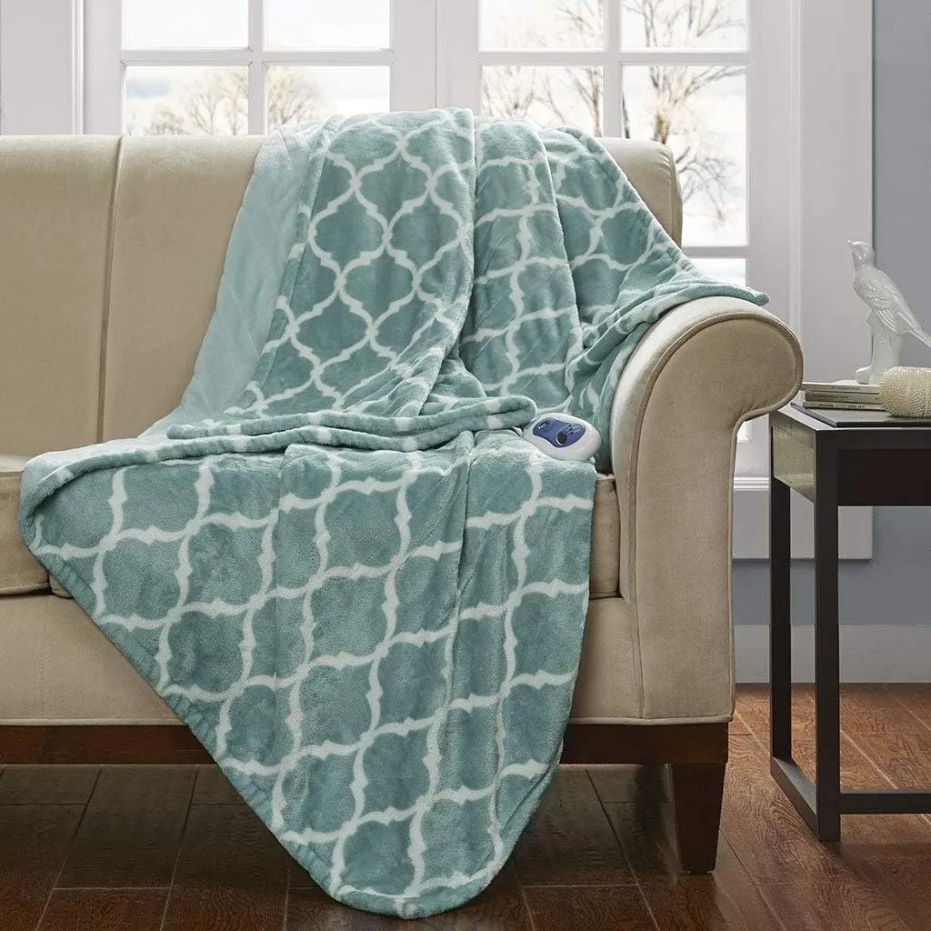 Beautyrest Ogee Printed Plush Electric Blanket for Cold Weather, Fast Heating, Auto Shut Off, Virtually Zero EMF, Multi Heat Setting, UL Certified, Machine Washable, Aqua Oversized Throw 60x70