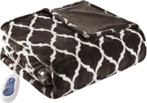 Beautyrest Ogee Printed Plush Electric Blanket for Cold Weather, Fast Heating, Auto Shut Off, Virtually Zero EMF, Multi Heat Setting, UL Certified, Machine Washable, Brown Oversized Throw 60x70