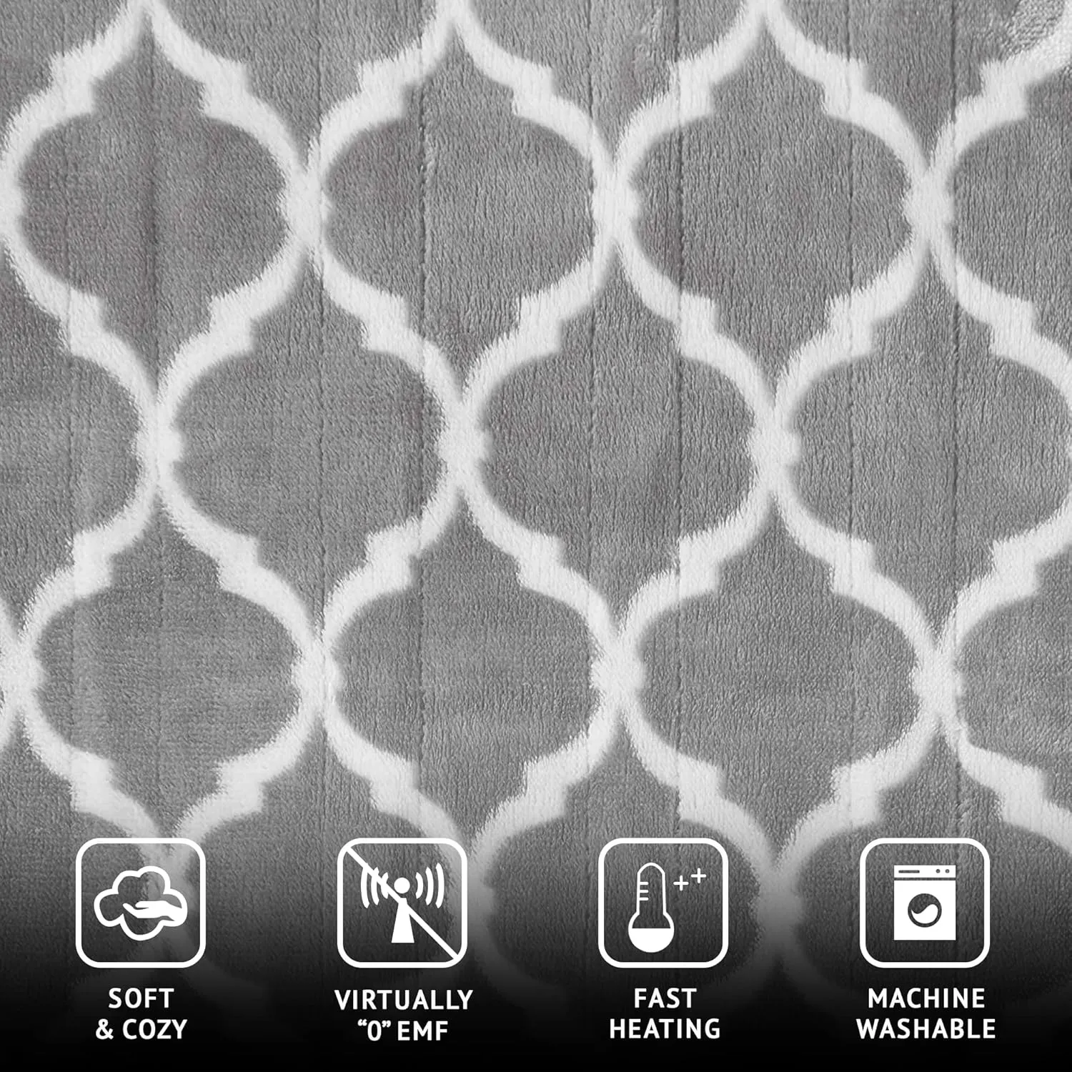 Beautyrest Ogee Printed Plush Electric Blanket for Cold Weather, Fast Heating, Auto Shut Off, Virtually Zero EMF, Multi Heat Setting, UL Certified, Machine Washable, Grey Oversized Throw 60x70